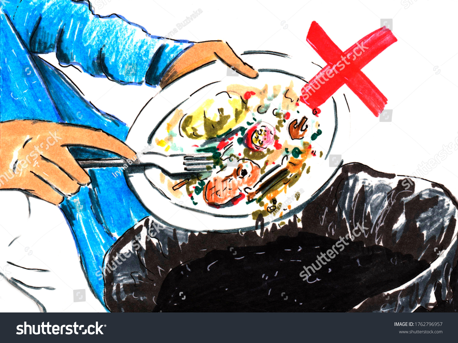 社会的な手描きのイラスト 食べ物を無駄にしない ごみ箱に食べ物を投げ込む人の簡単なスケッチ 無駄なテーマはゼロ 食べ物の無駄遣いを減らす のイラスト素材