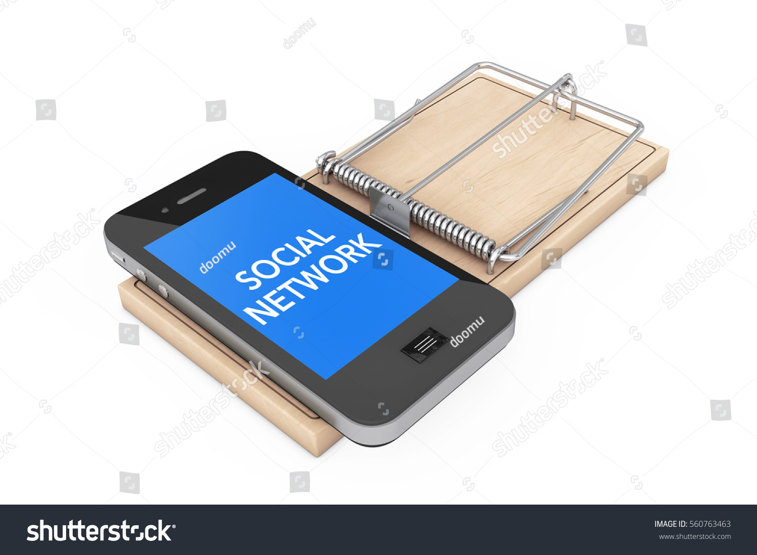 Sns依存のコンセプト 白い背景に携帯電話 木のマウストラップ 3dレンダリング のイラスト素材