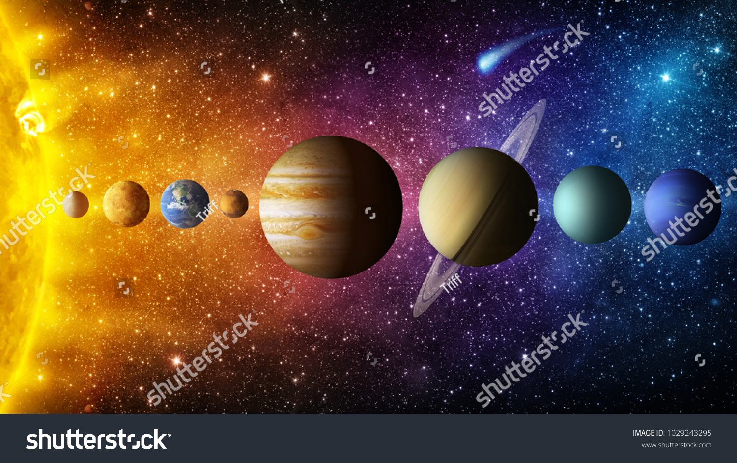太阳系行星 彗星 太阳和恒星 这个图像由美国航空航天局提供的元素 太阳 水星 金星 地球 火星 木星 土星 天王星 海王星 科学和教育背景 库存照片 立即编辑