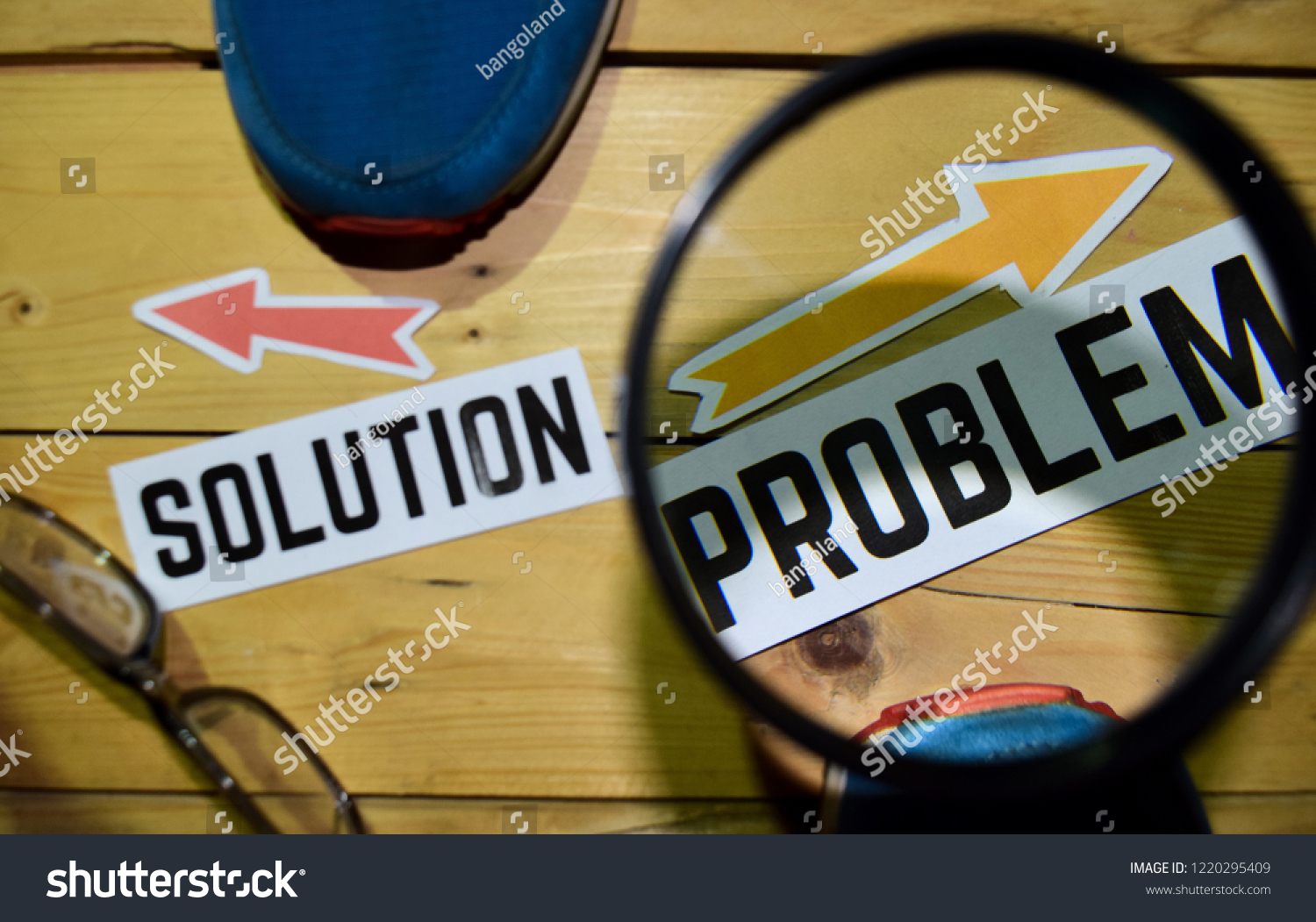 Solution Problem Opposite Direction Signs Magnifying Stock Photo (Edit