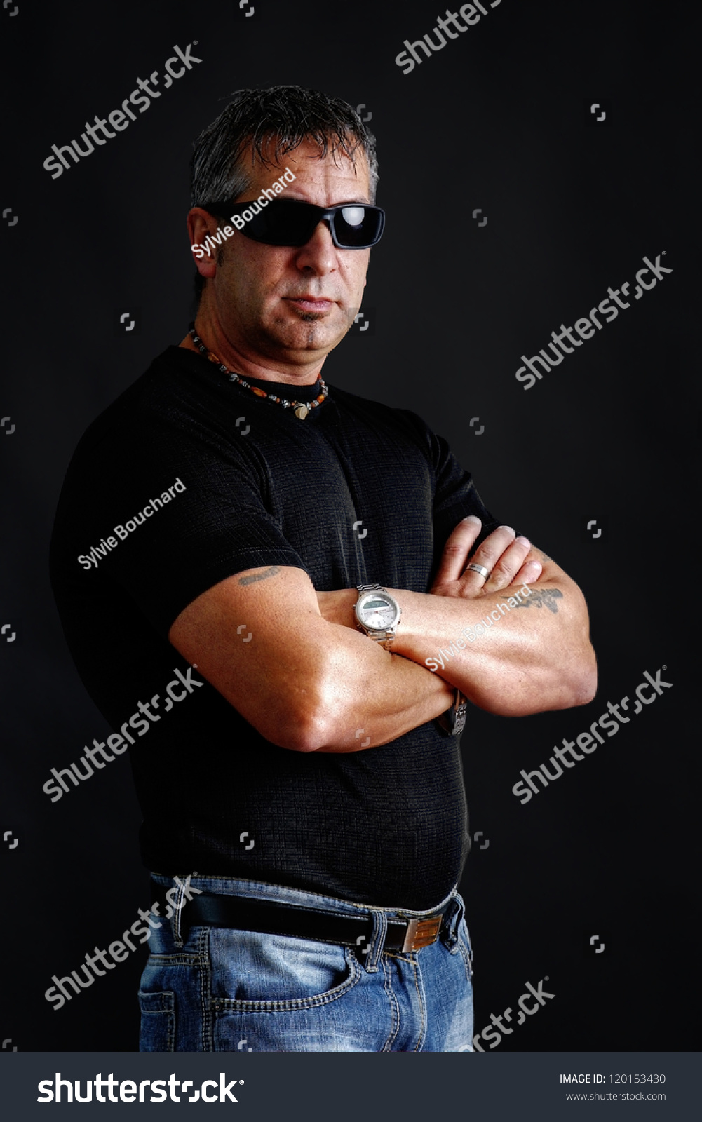 Somber Tough Guy Tattoos Black Sunglasses Stock Photo 120153430