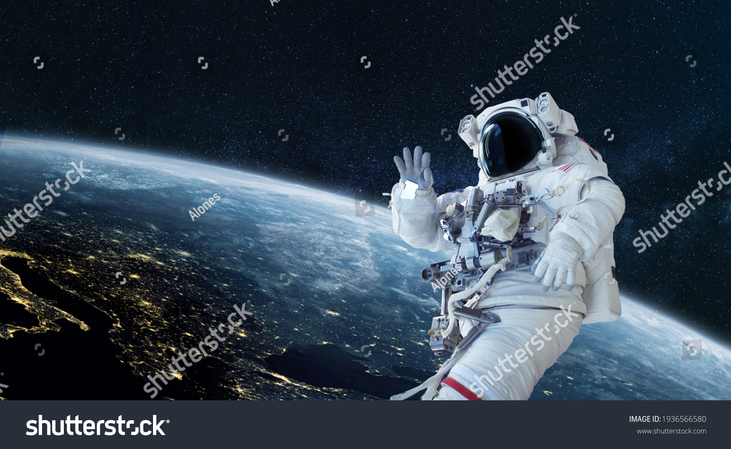 Space Man Astronaut Greets Waves His Stock Photo Edit Now 1936566580