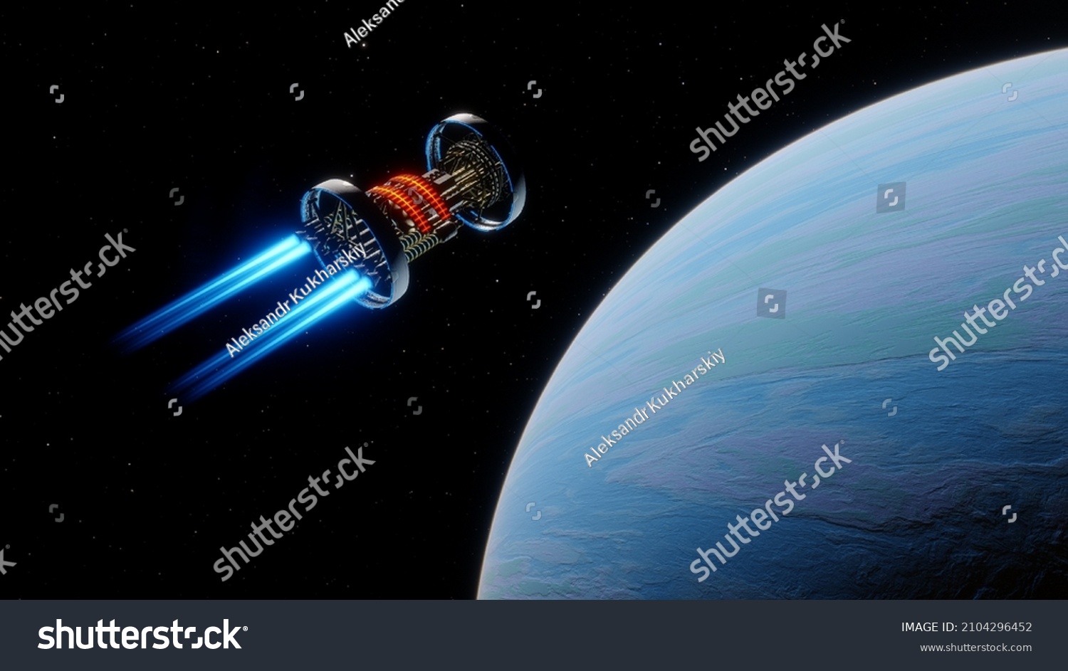 Spaceship Flies Space Ship Near Stock Illustration 2104296452