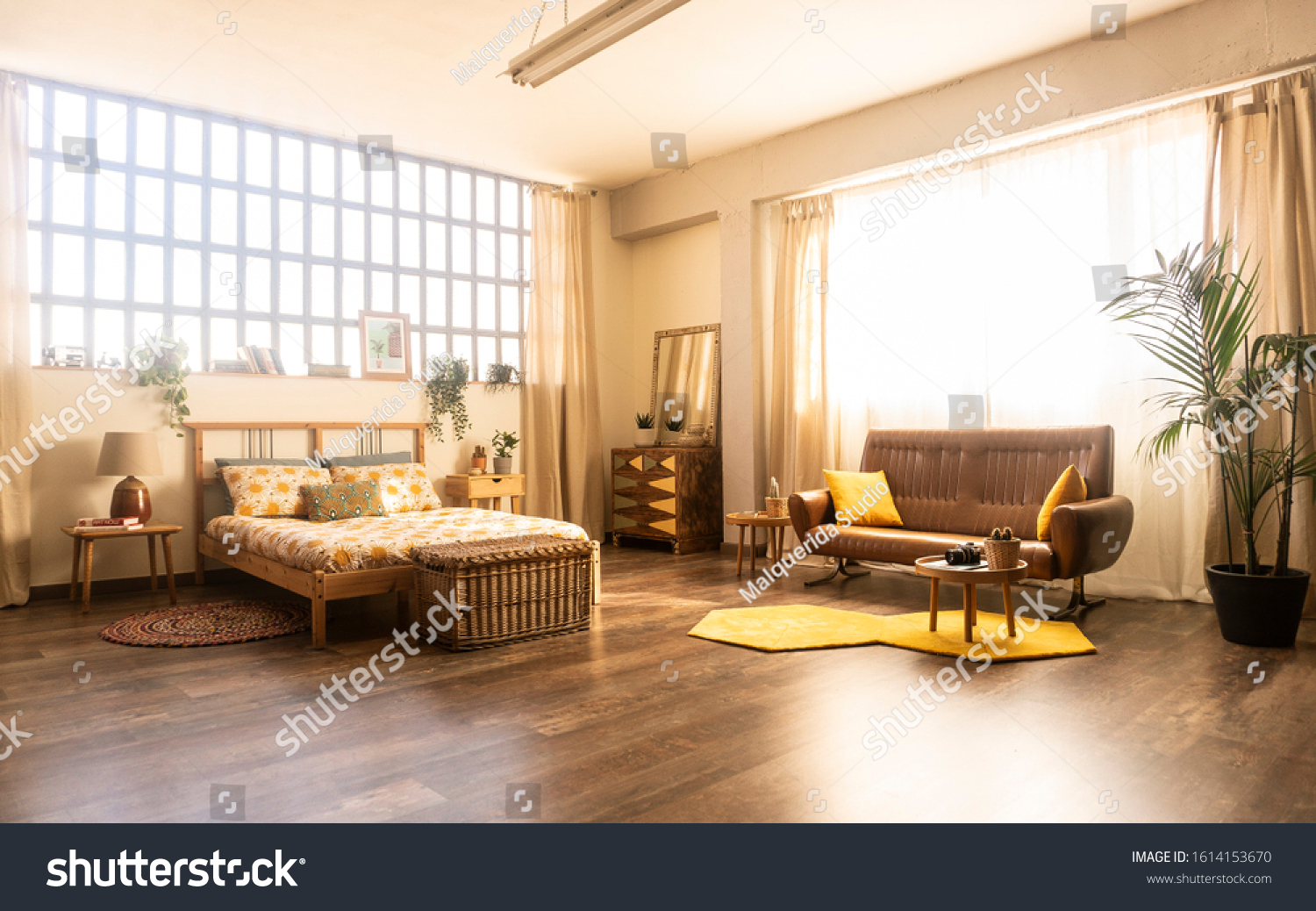 Spacious Bright Bohostyle Bedroom Industrial Loft Stock Photo