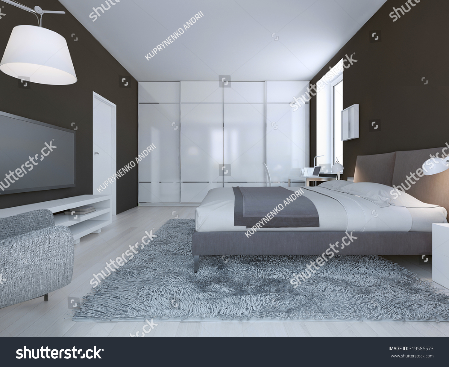 Spacious Bedroom  Minimalist Style Dark Brown Stock 