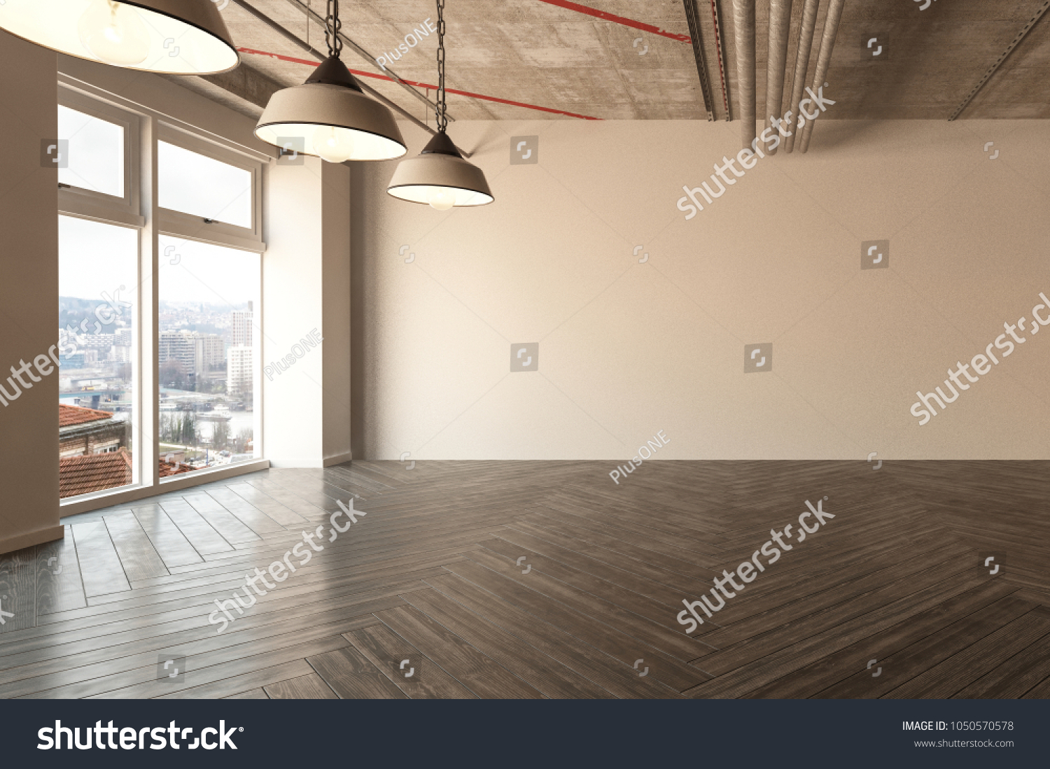 Spacious Empty Room Herringbone Parquet Floor Stock