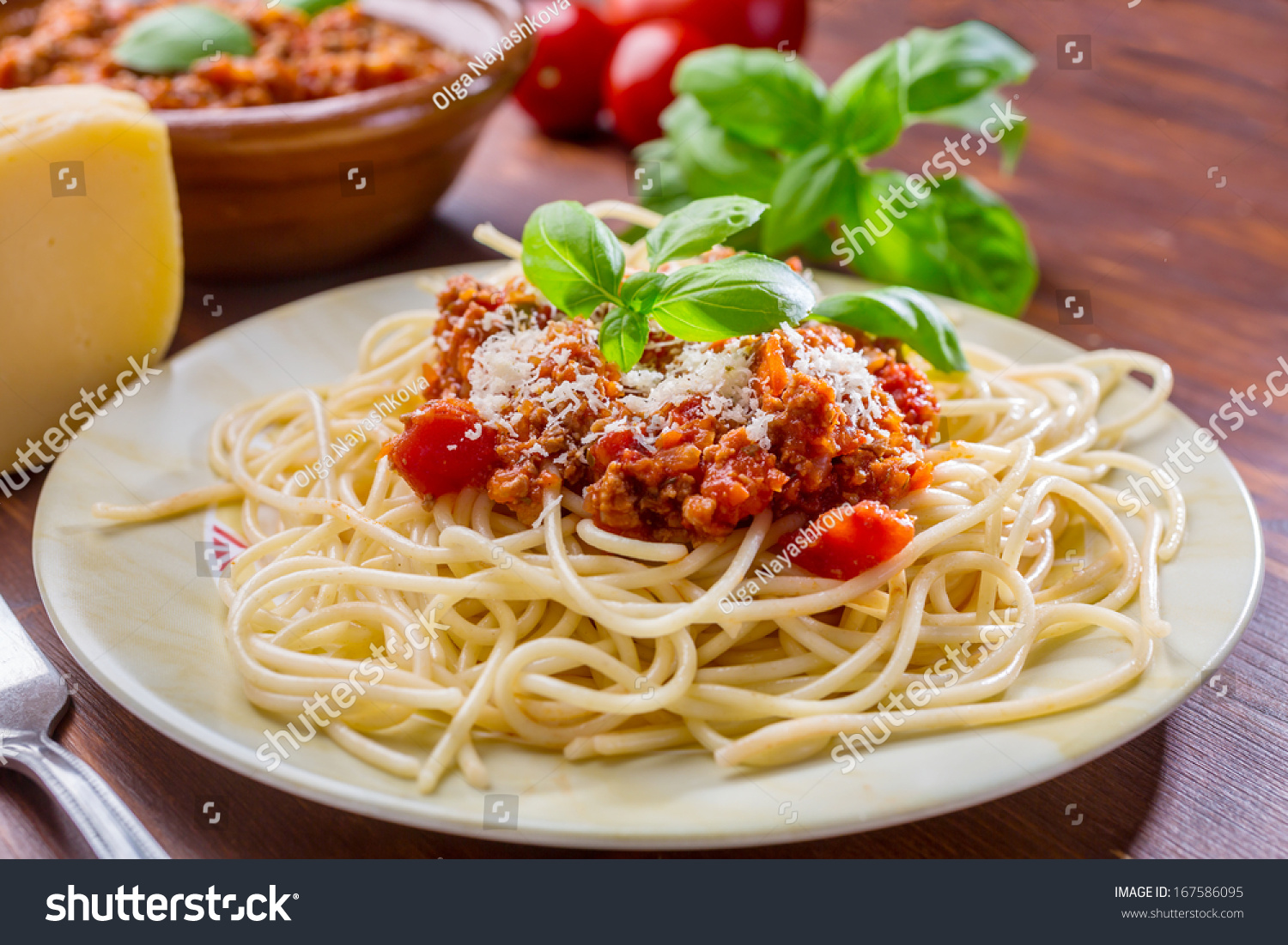 Spaghetti Bolognese With Parmesan Cheese And Basil Stock Photo ...