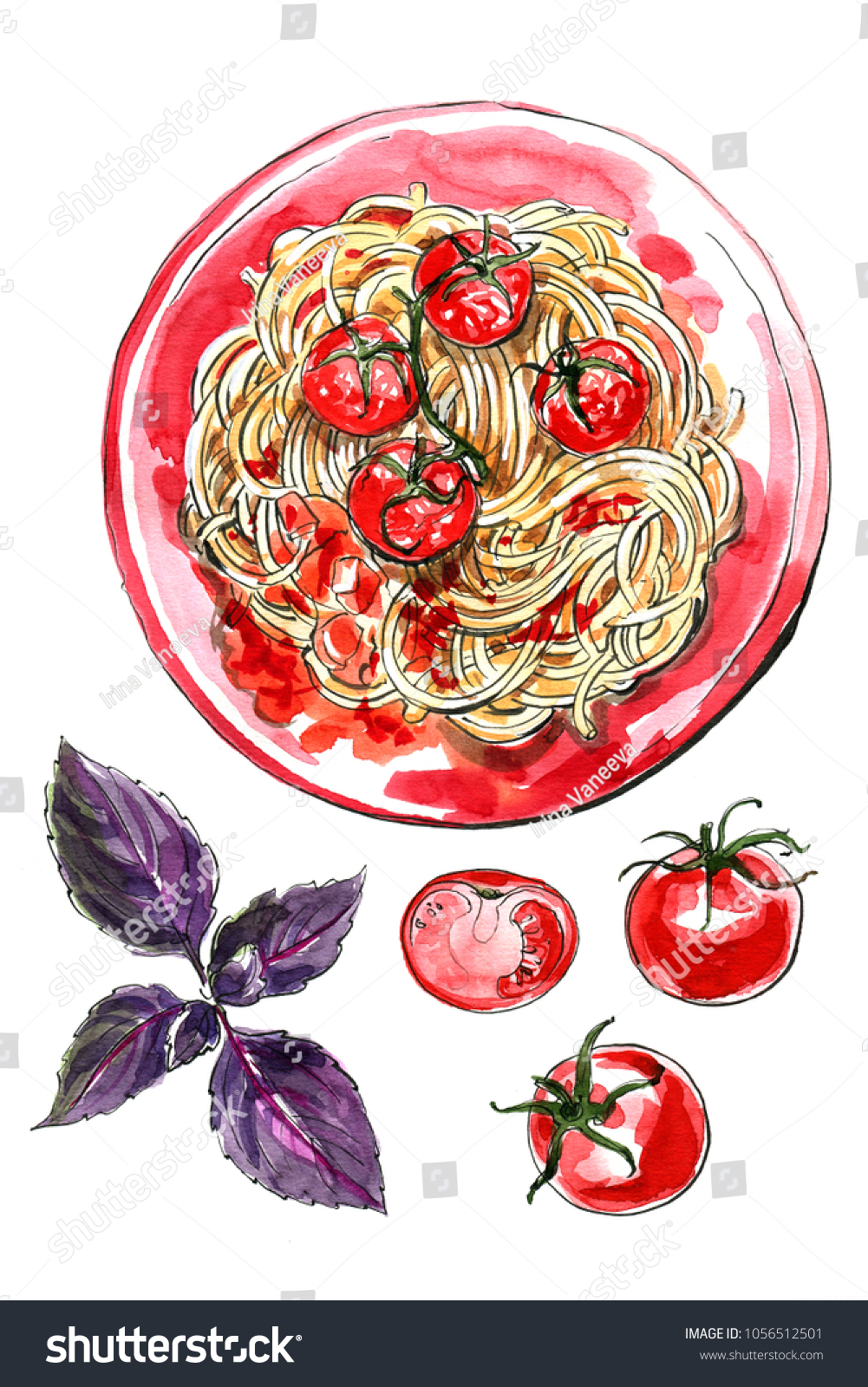 Spaghetti Pasta Painted Watercolor On White Stock Illustration 1056512501