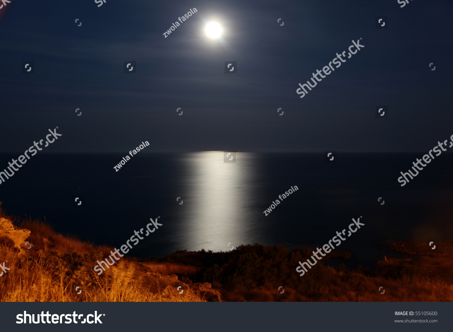 Spain Coastline By Night. Sea Under Moon Stock Photo 55105600 ...