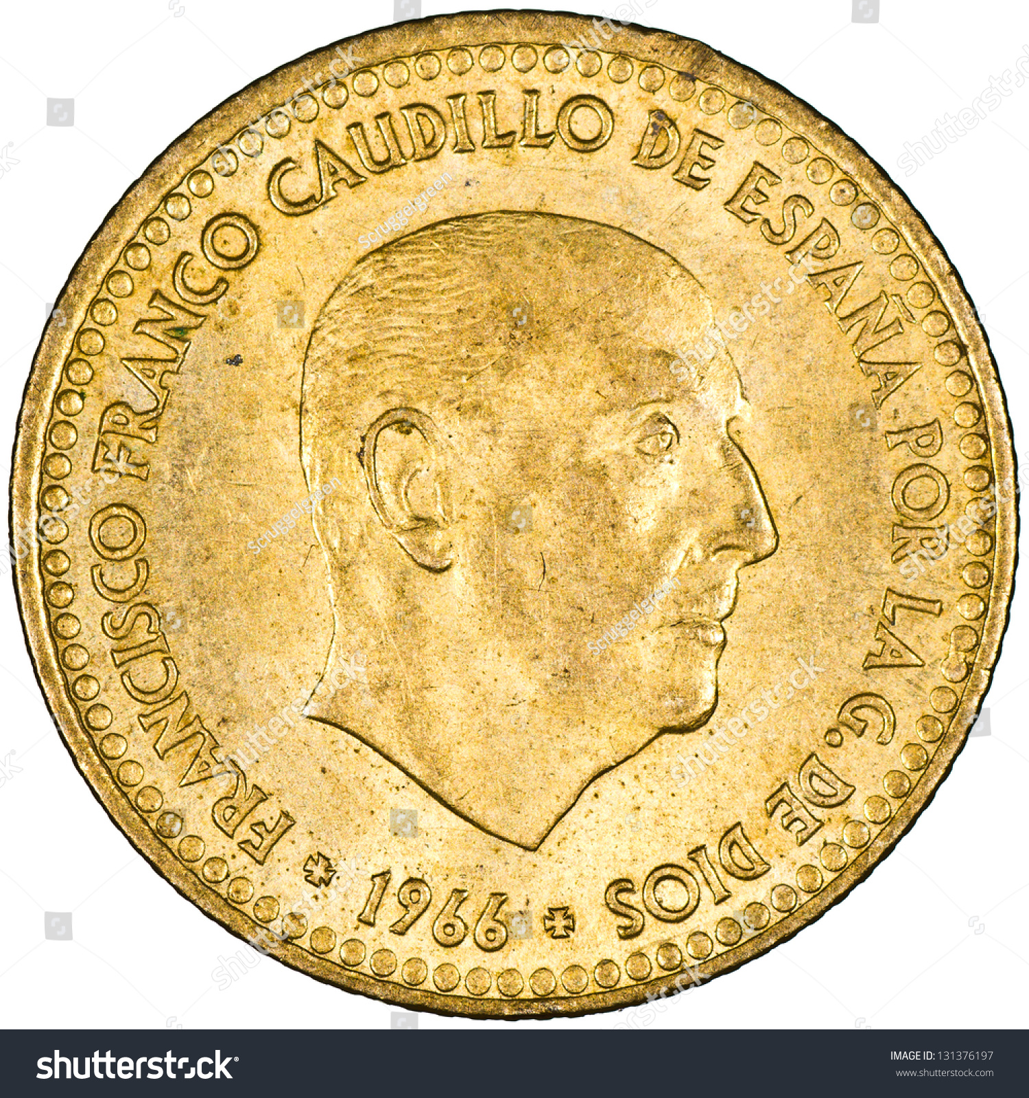 Spanish 1 Peseta Aluminum Bronze Coin Obverse Showing Francisco Franco ...