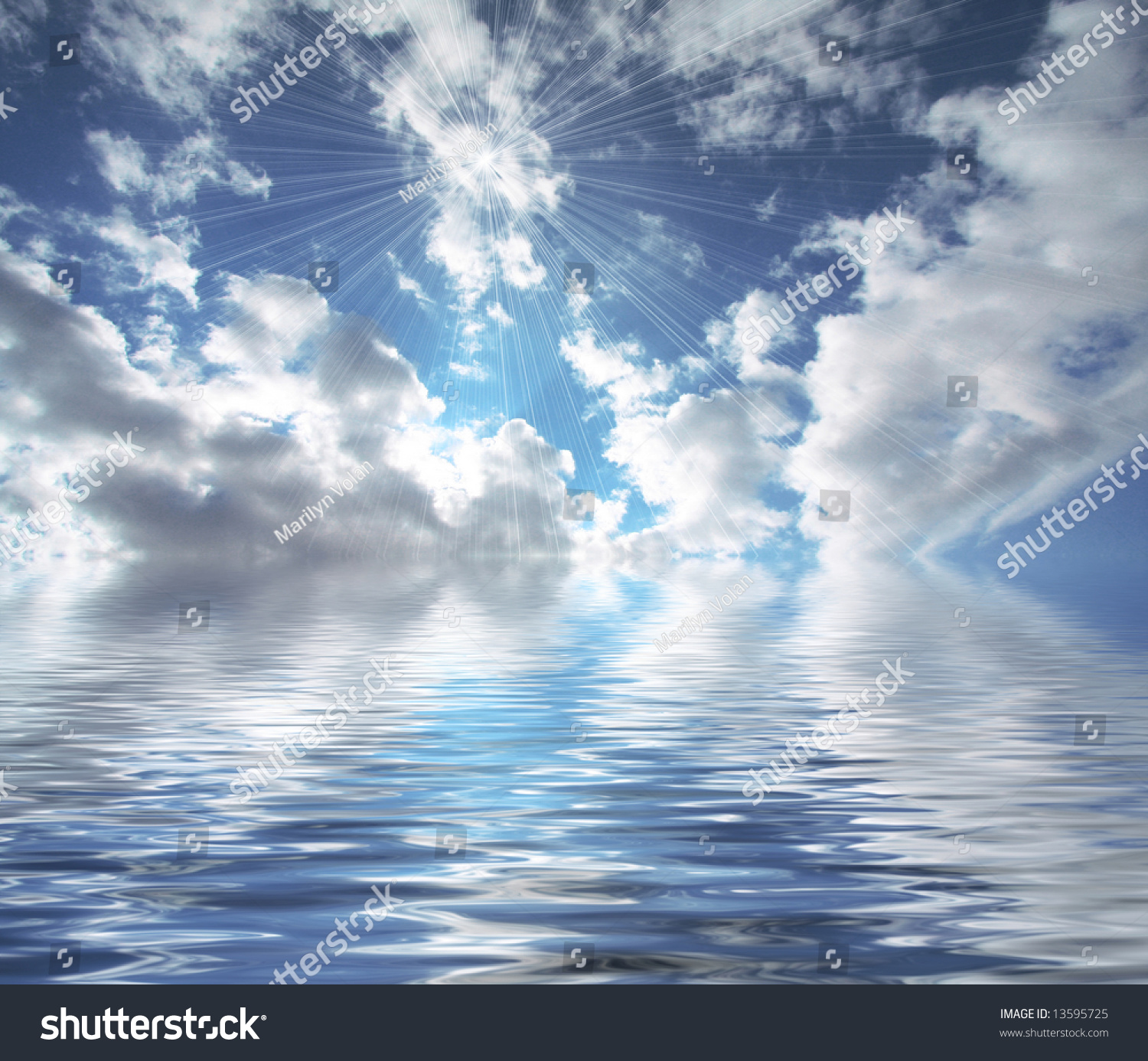 Spectacular Blue Sky Clouds With Water Reflection Stock Photo 13595725 ...