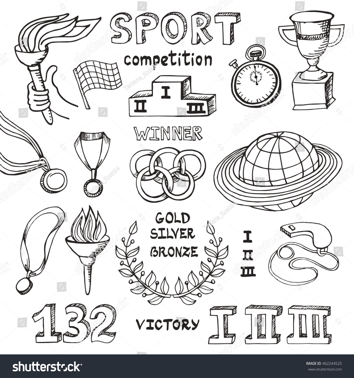 Sport Doodle Elements Winner Competition Set Hand Stock Illustration