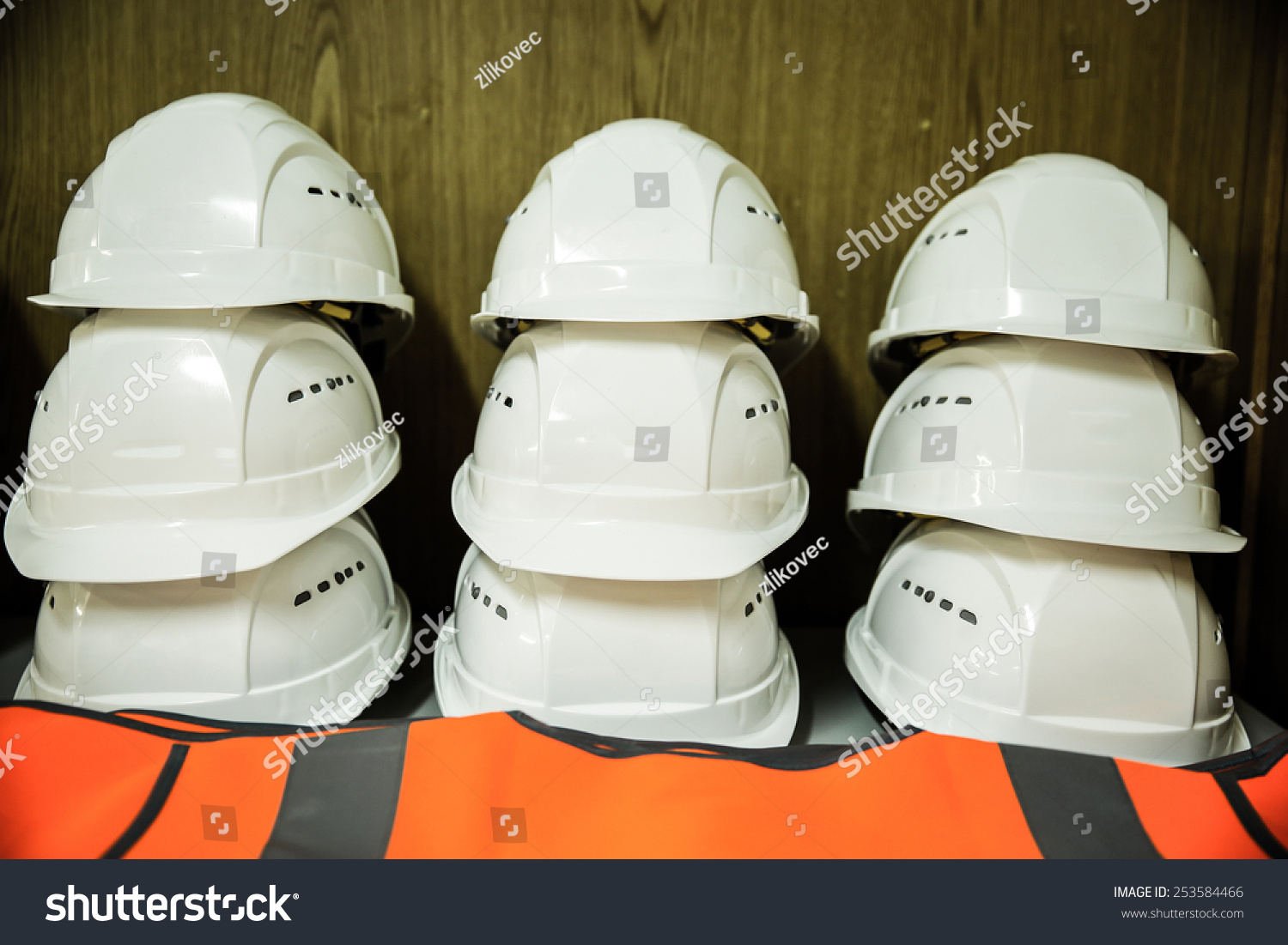 Stack Of White Construction Workers' Helmets With Reflective Protection ...