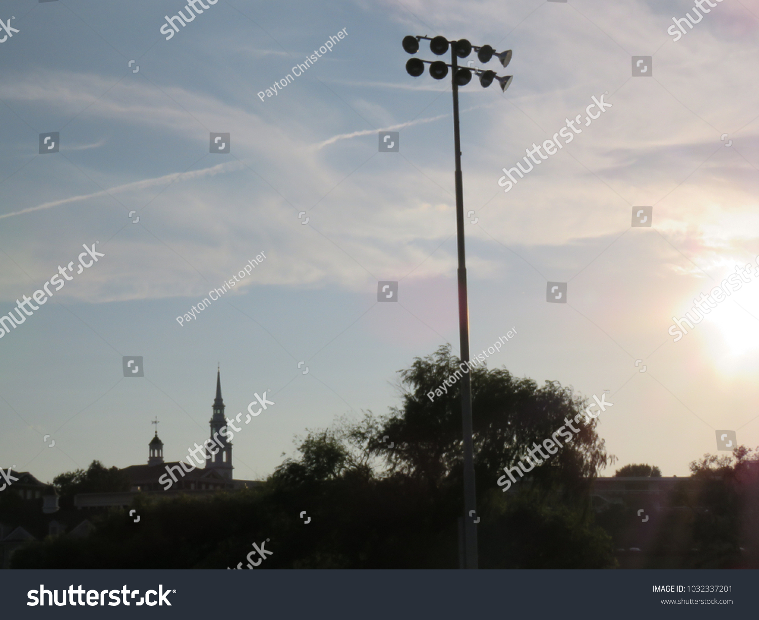 Stadium Light Pole Trees Buildings Background Stock Photo 1032337201