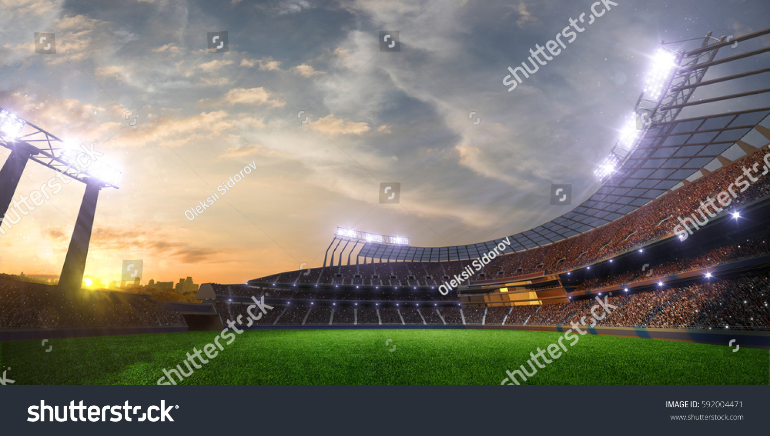 スタジアムの夕日と人々のファン 3dレンダリングイラスト曇り空 のイラスト素材
