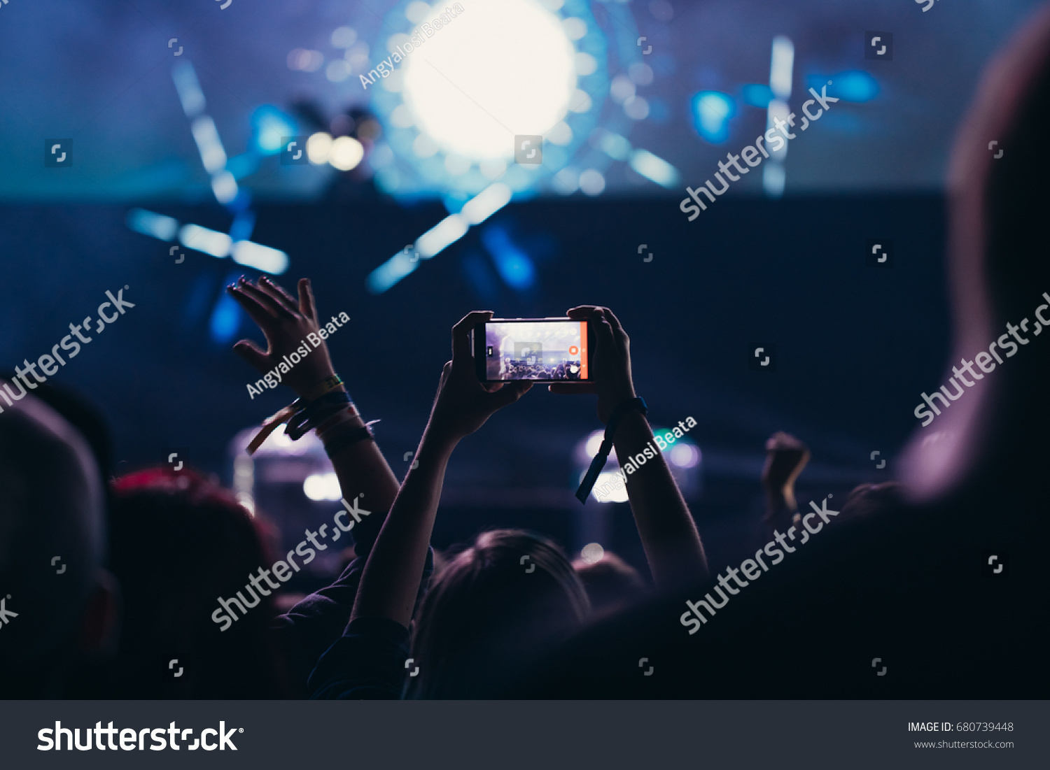 Stage Lights Crowd Audience Hands Raised Stock Photo 680739448 ...