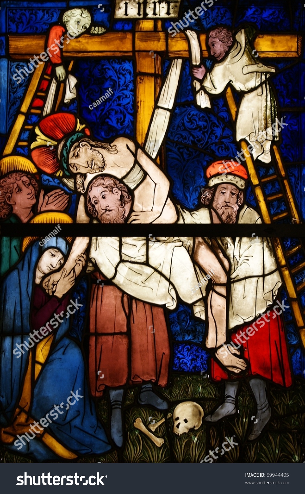 59944405 Stained Glass Depicting Crucifixion Jesus   Stock Photo Stained Glass Depicting The Crucifixion Of Jesus Christ 59944405 