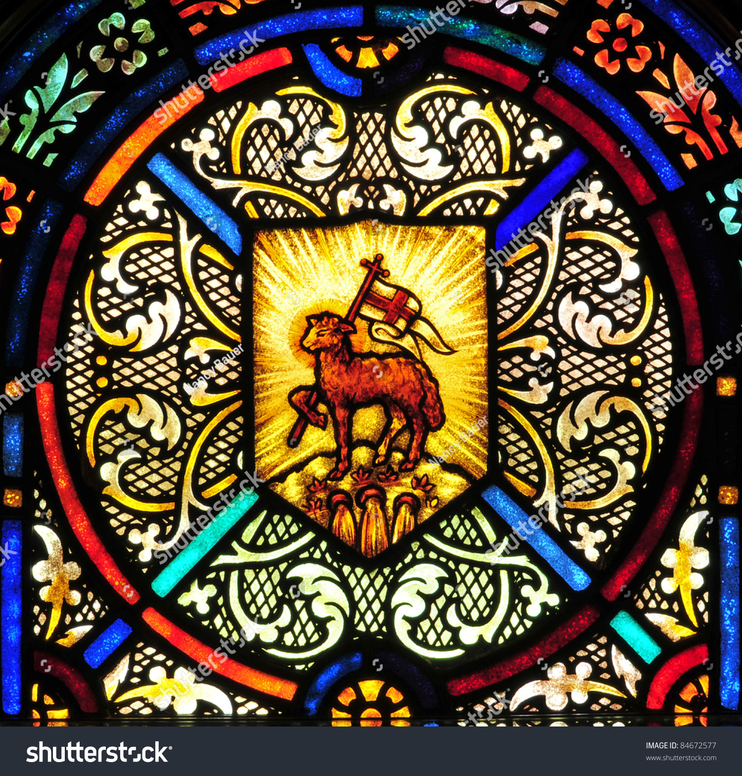 Stained Glass Window With Lamb Of God Symbol Stock Photo 84672577 ...