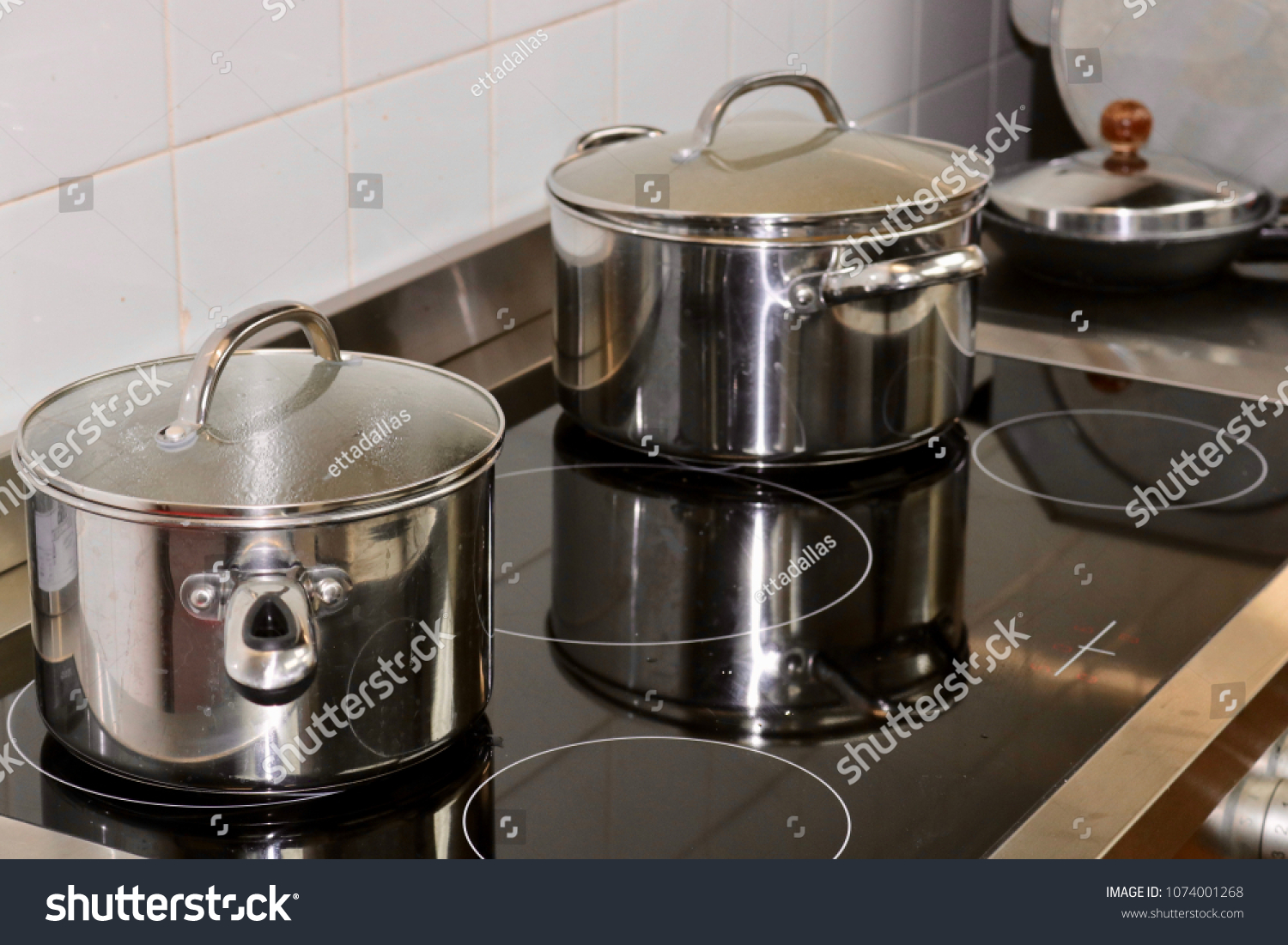 Stainless Steel Pots Pans On Modern Stock Photo Edit Now 1074001268