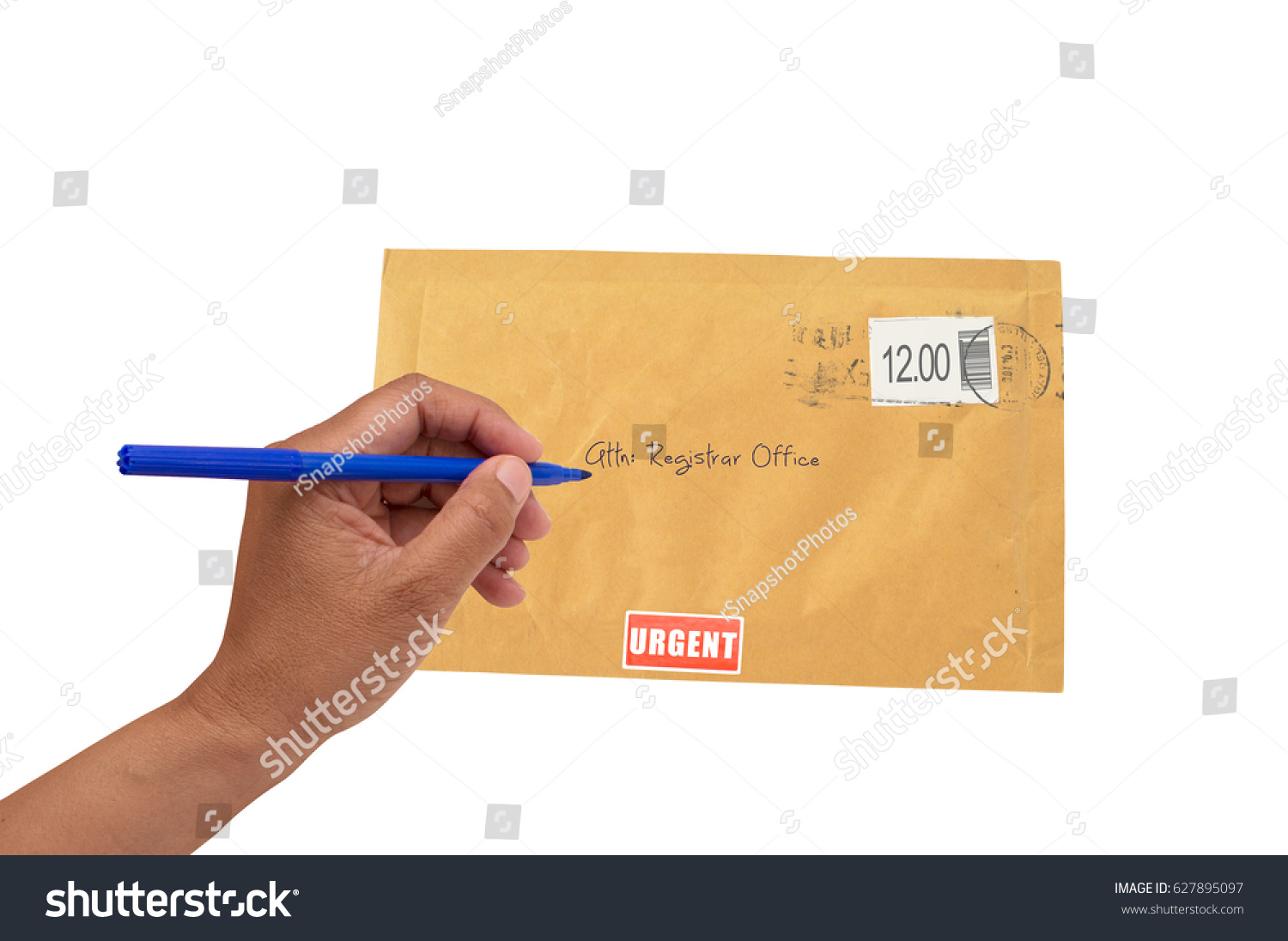 Stamped Urgent Manila Envelope Hand Writing Stock Photo (Edit Now