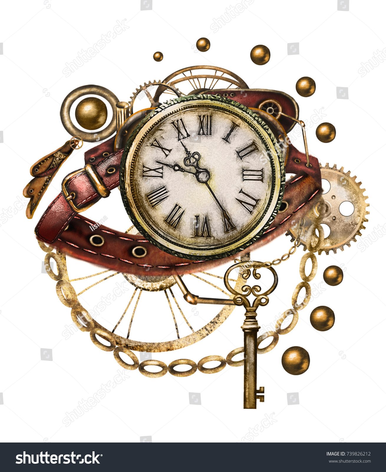 時計 ベルト 宝石 時計 キーを使った水蒸気パンクの水彩イラスト タトゥーのスタイル 白い背景にイラトス ビンテージファンタジーのプリント 古風な の イラスト素材