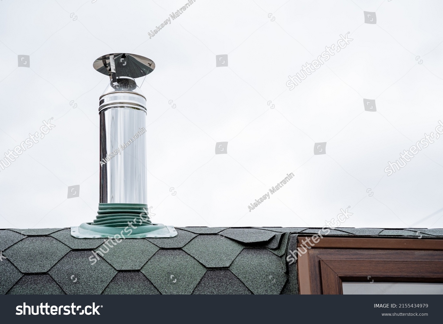 56 441 Steel Chimney Images Stock Photos Vectors Shutterstock   Stock Photo Steel Pipe Fixed On The Roof Of The House Chimney In The Bath Waterproofing Of The Roof Metal 2155434979 