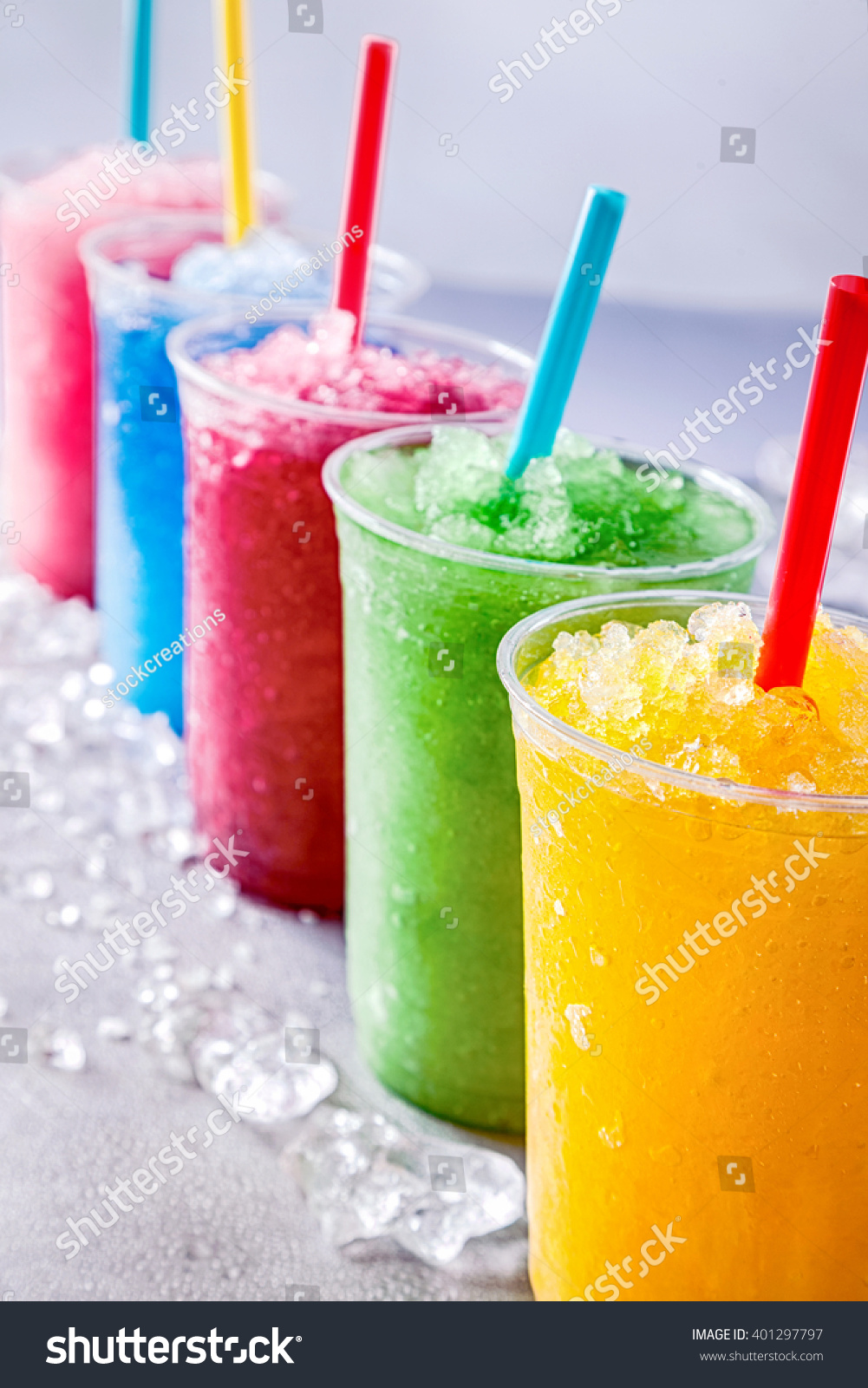 Still Life Of Colorful Frozen Fruit Granita Slush Drinks In Plastic ...