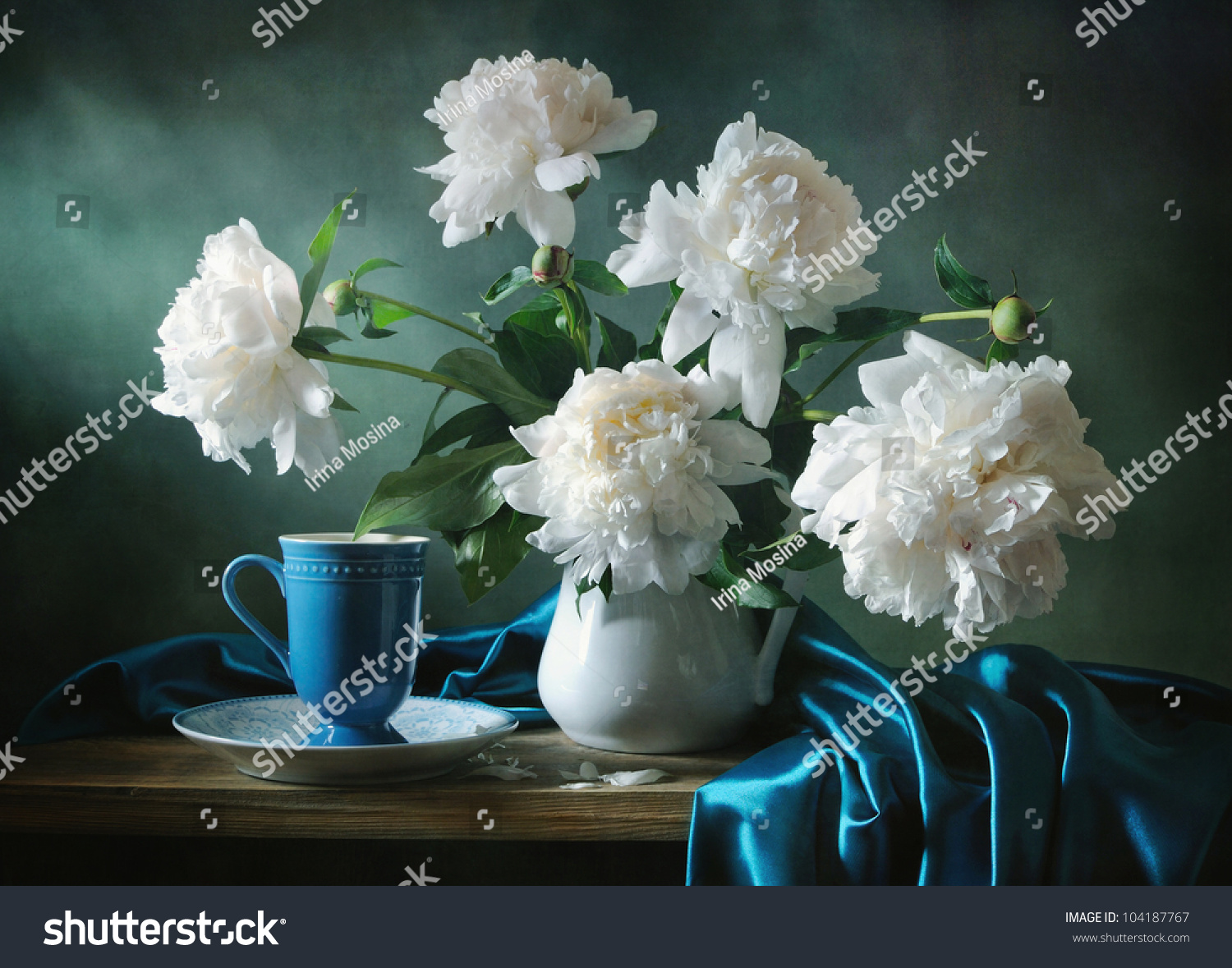 Still Life With A Blue Cup And A Bunch Of Peonies Stock Photo 104187767 ...