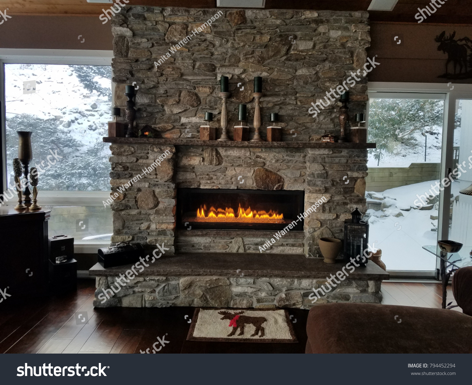 Stone Fireplace Flames Aglow Rustic Style Stock Photo Edit Now