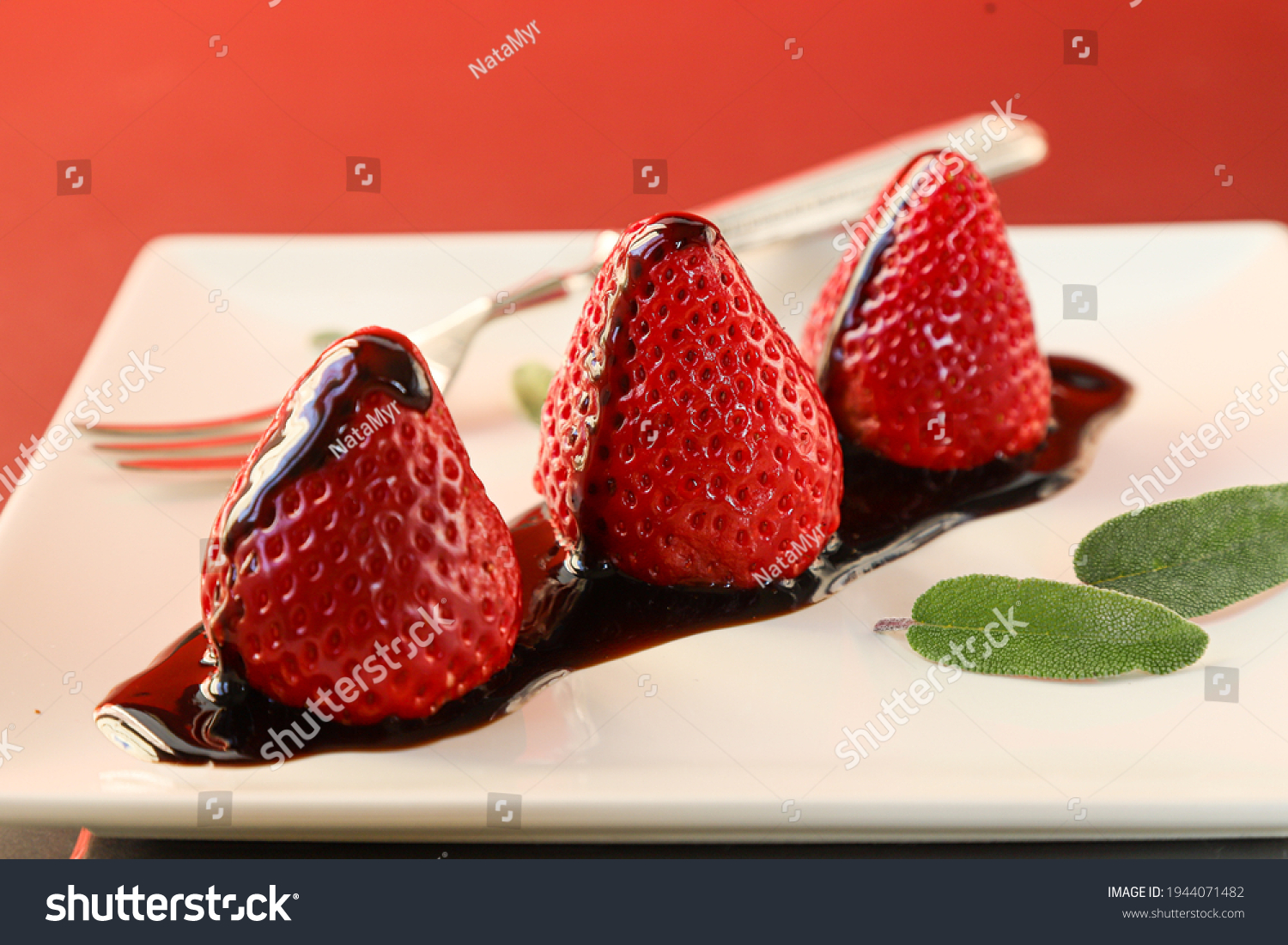 2 303 Strawberries And Vinegar Images Stock Photos Vectors   Stock Photo Strawberries With Balsamic Vinegar On A White Plate And On A Red Background There Is A Dessert 1944071482 