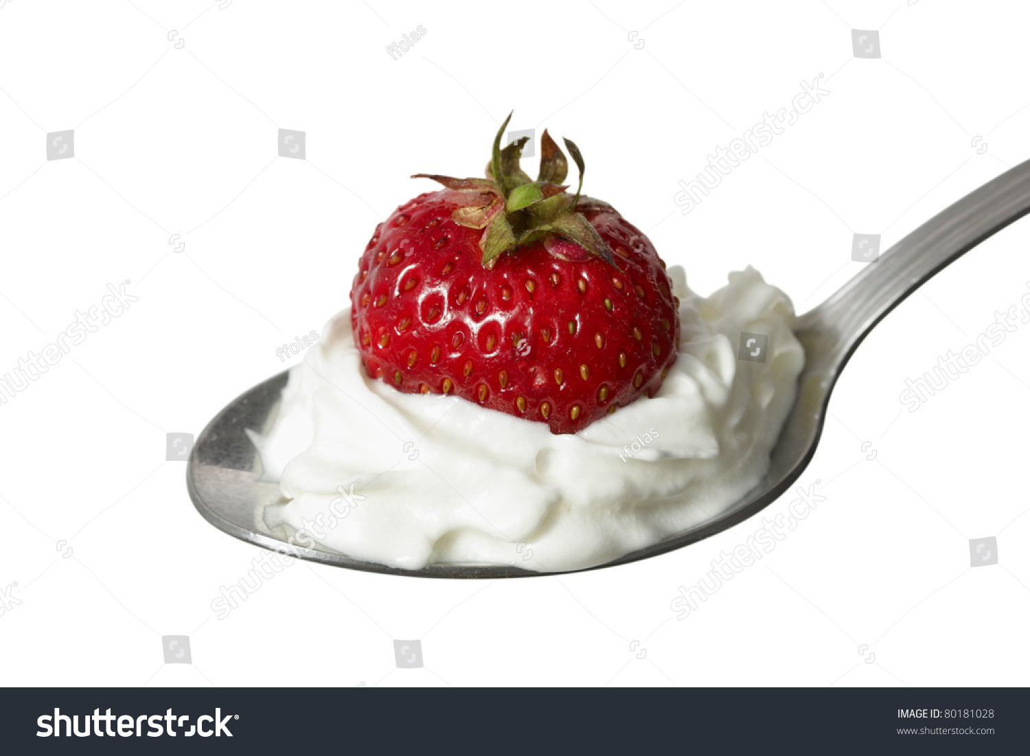 Strawberry On A Spoon With Whipped Cream. Isolated With Clipping Path ...