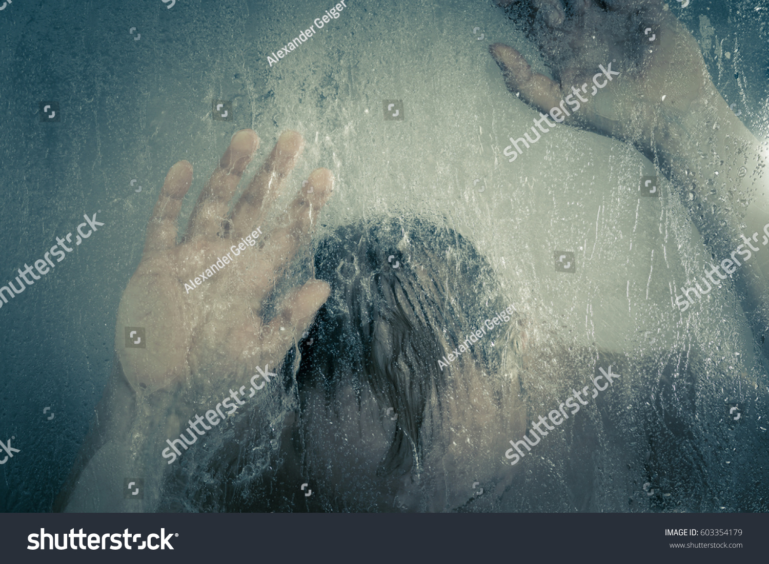 Stressed Man Taking Shower Standing Under Stock Photo 603354179 ...