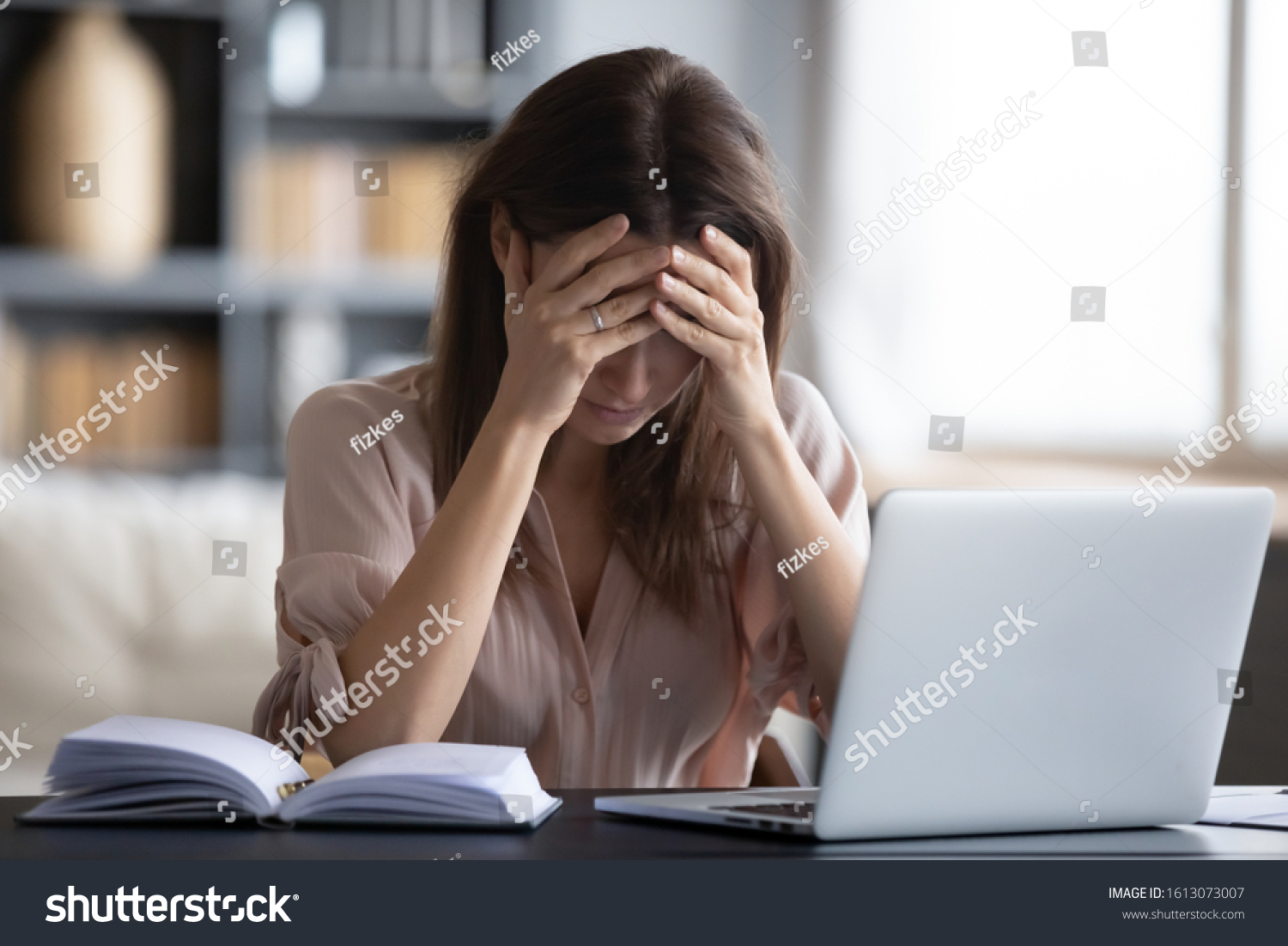 Stressed Millennial Girl Sit Desk Distracted Stock Photo 1613073007