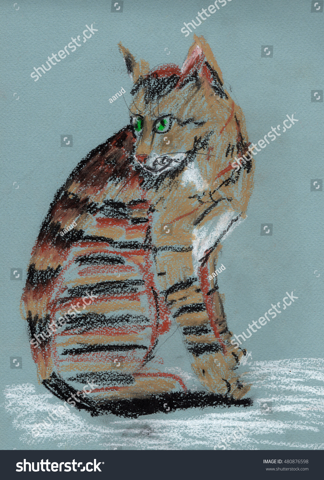 Striped Cat Looking Back Pastel Drawing Stock Illustration 480876598 ...