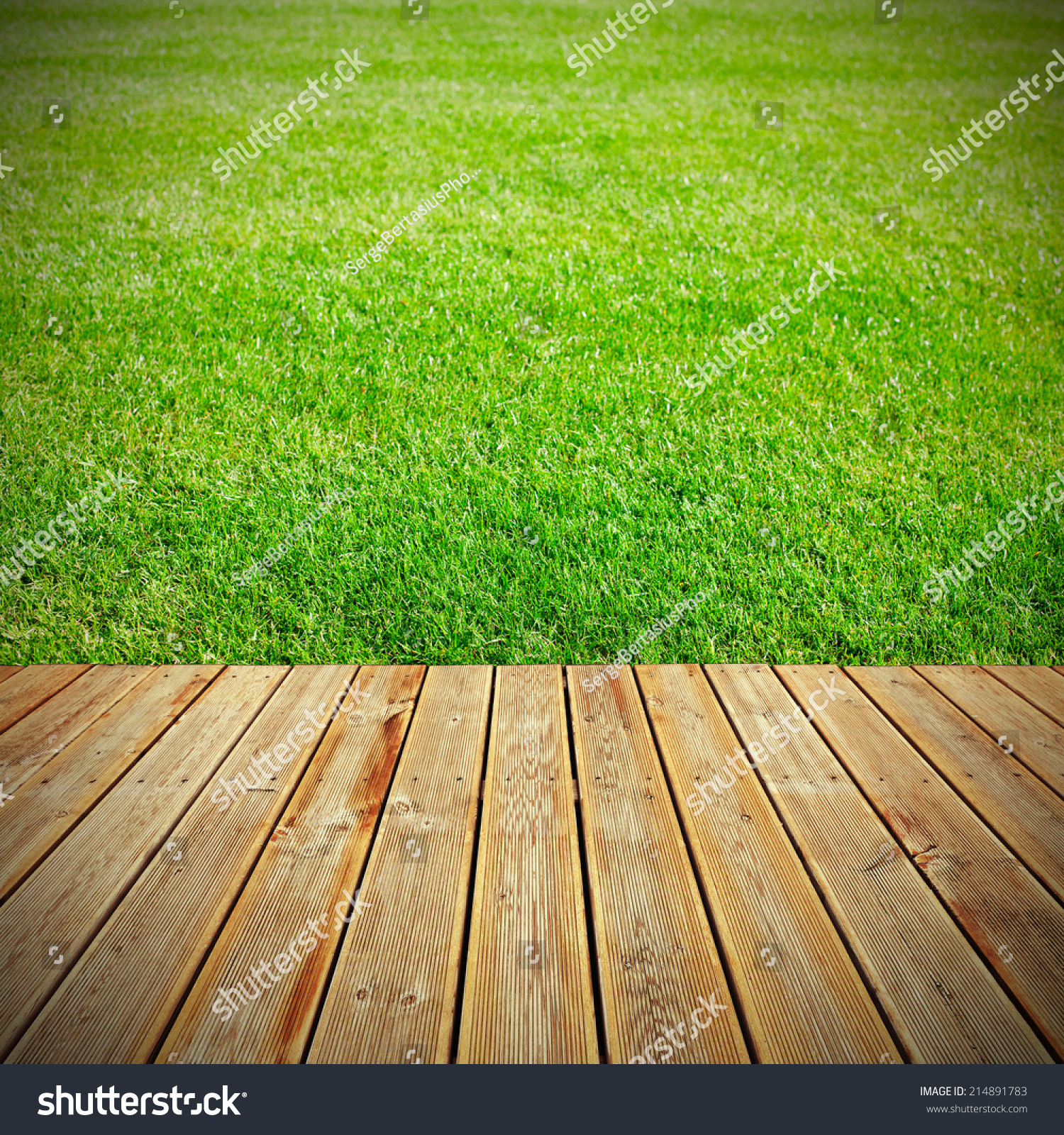 Striped Wooden Plank Terrace With The View To Green Grass Background ...