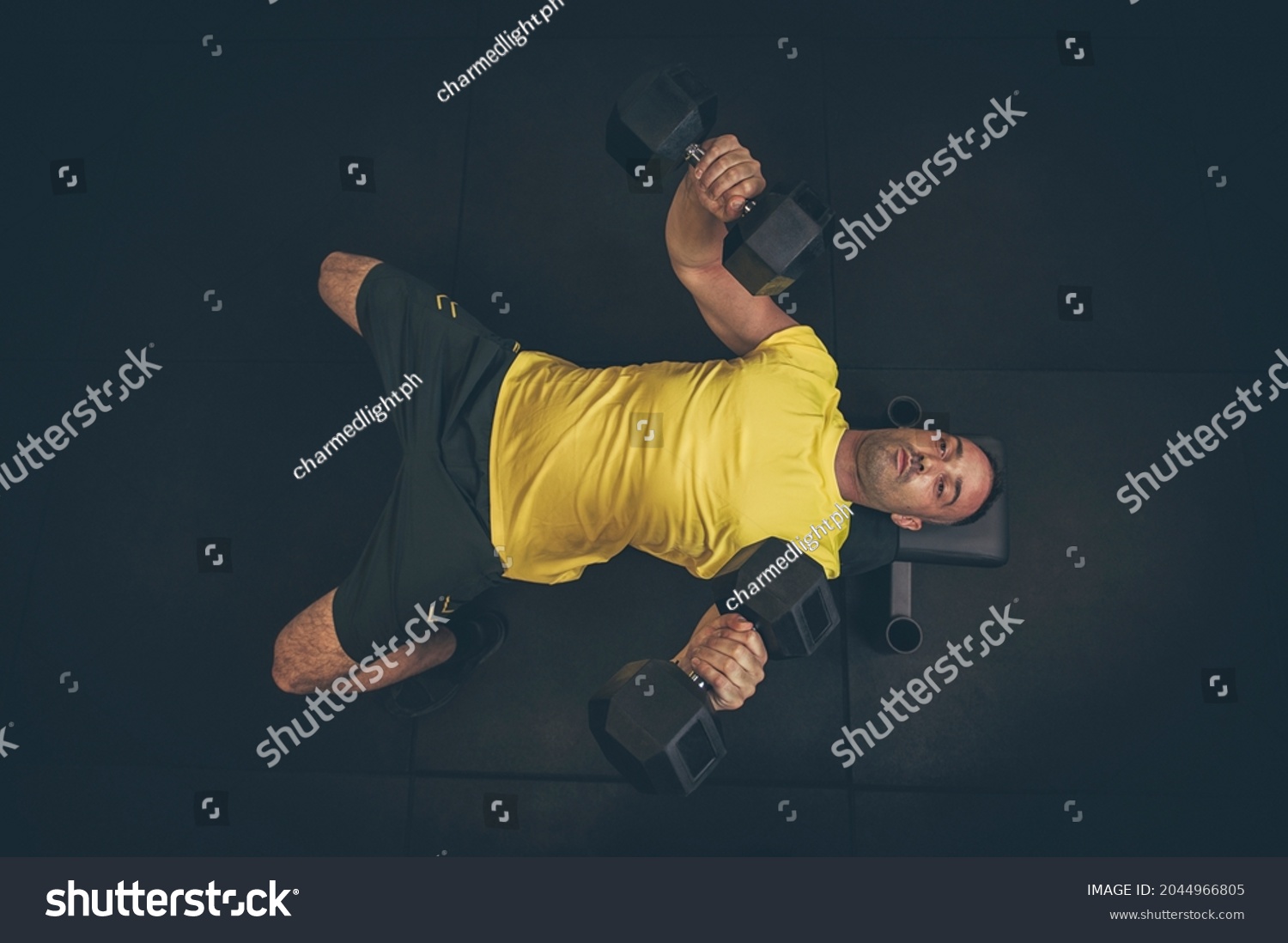 Strong Bodybuilder Lying On Bench Lifting Stock Photo Shutterstock