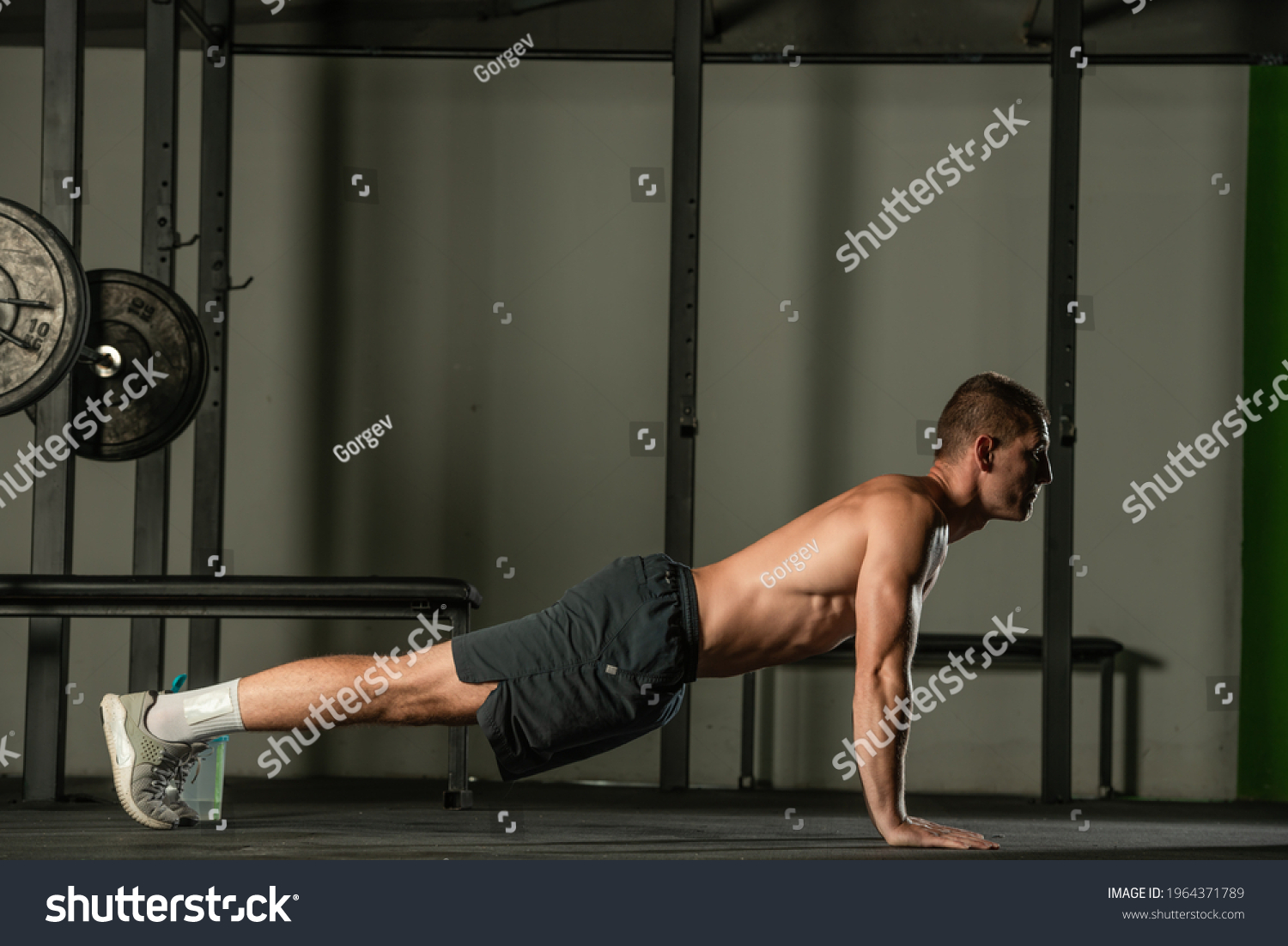 Strong Male Athlete Doing Pushups Indoors Stock Photo 1964371789 ...