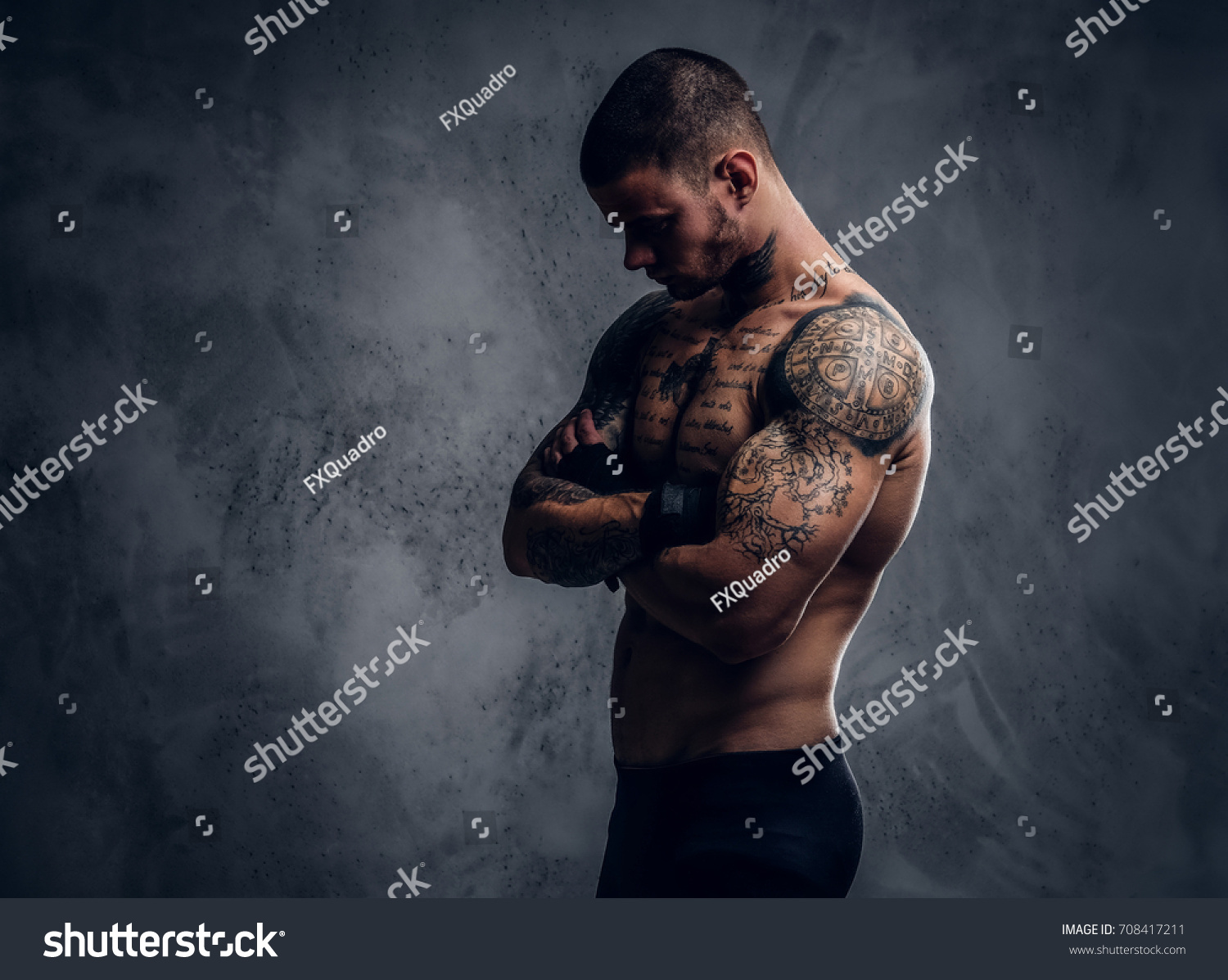 Studio Portrait Muscular Shirtless Tattooed Male Stock Photo Edit Now