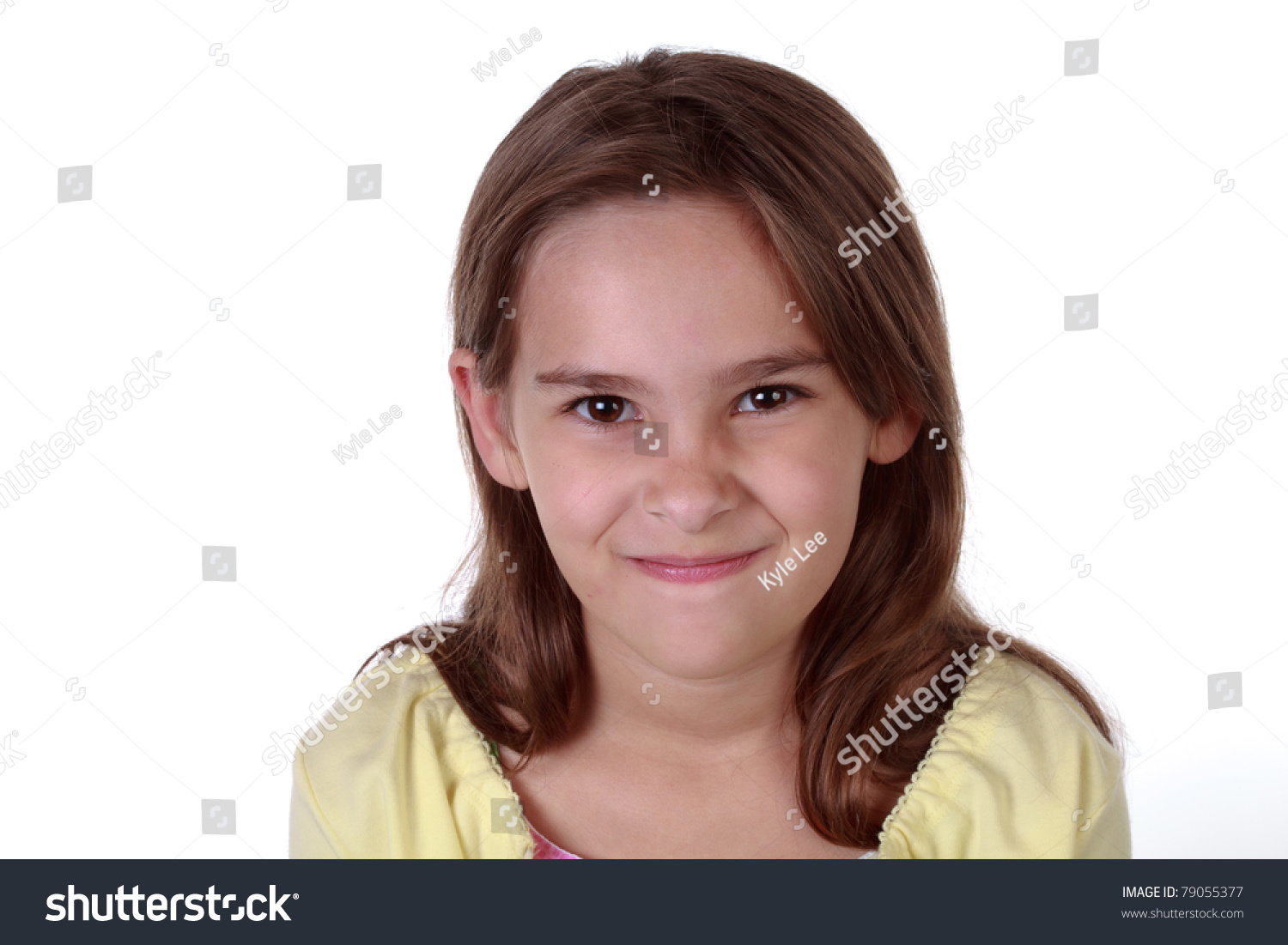 Studio Shot Of 7 Year Old Brunette Girl On White Background Stock Photo ...