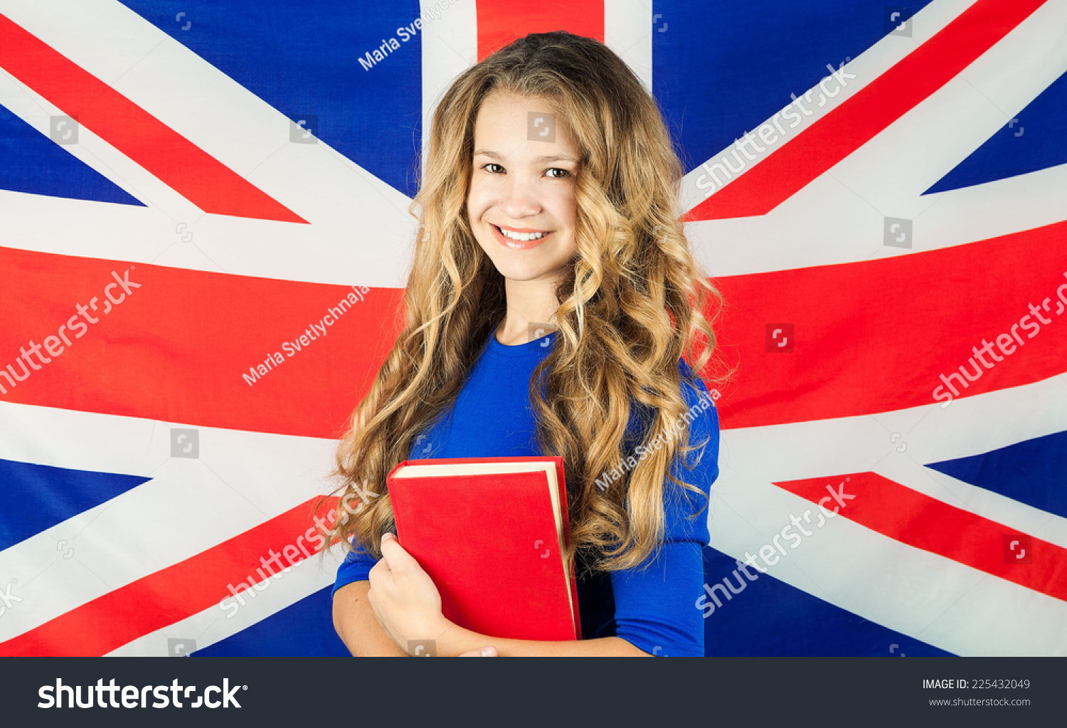 Study English. Beautiful Cute School Girl Holding Book. Young Woman ...