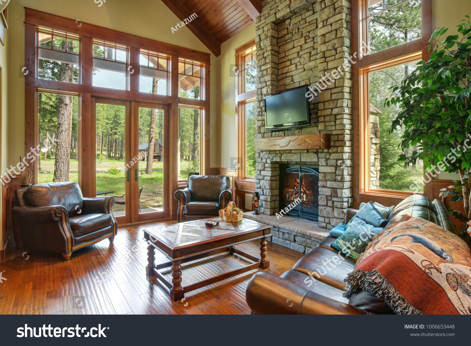 Stunning Living Room Design Includes Stone Stock Photo Edit Now 1006653448