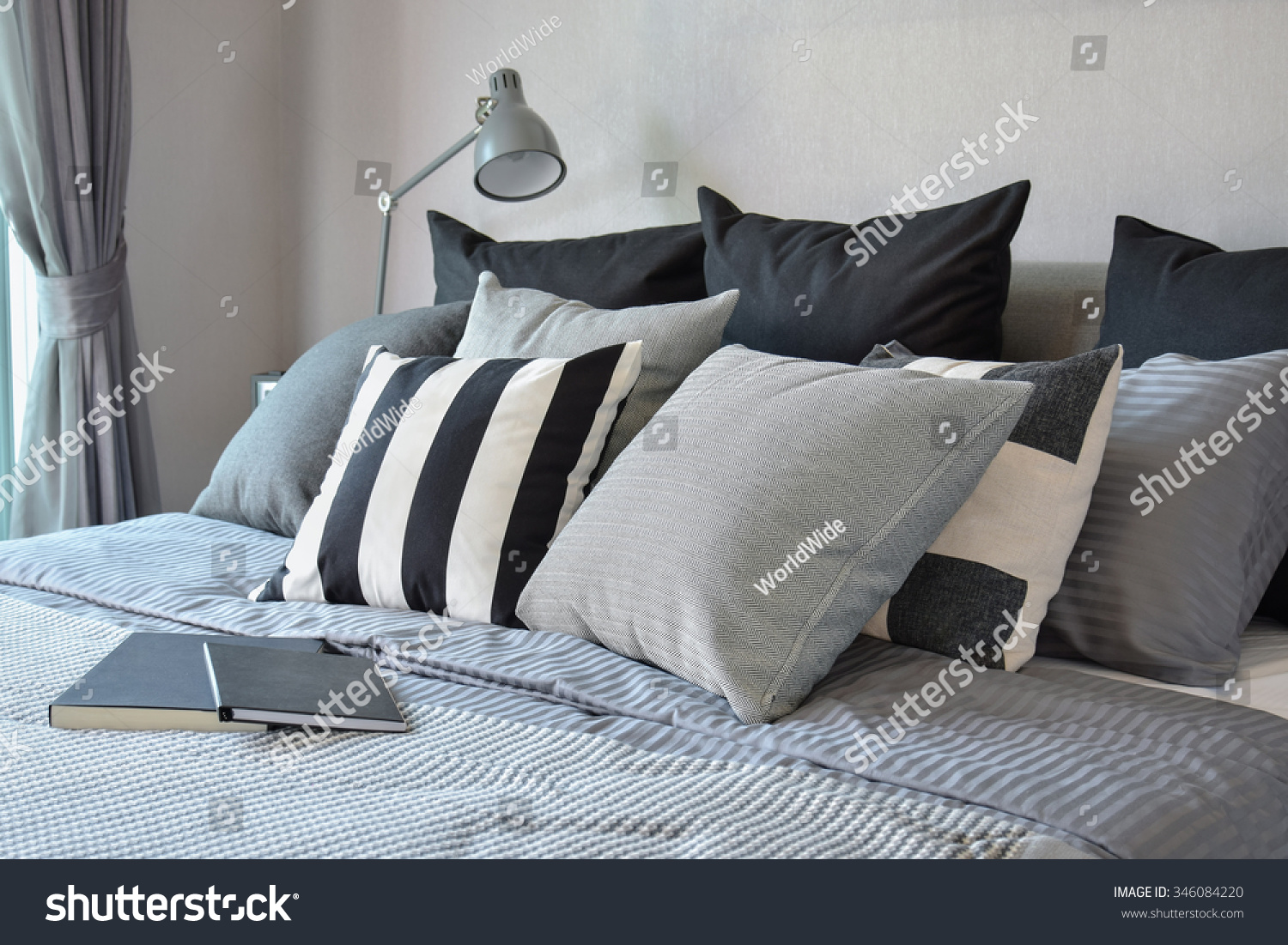 Stylish Bedroom Interior Design Black Patterned Stockfoto