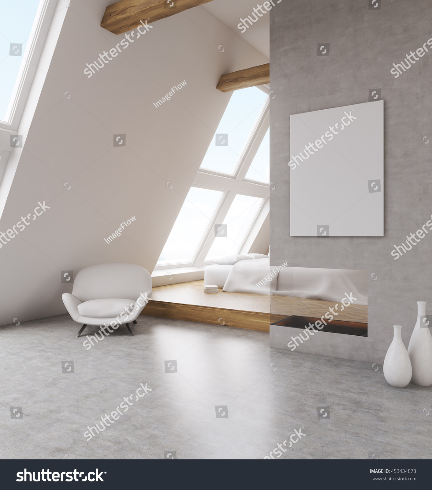 Stylish Bedroom Poster On Gray Wall Stock Illustration 453434878