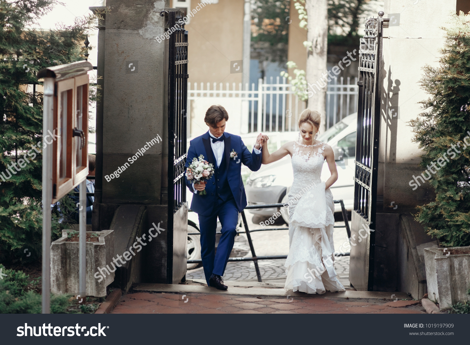 Stylish Groom Bride Walking Holding Hands Stock Photo 1019197909 ...