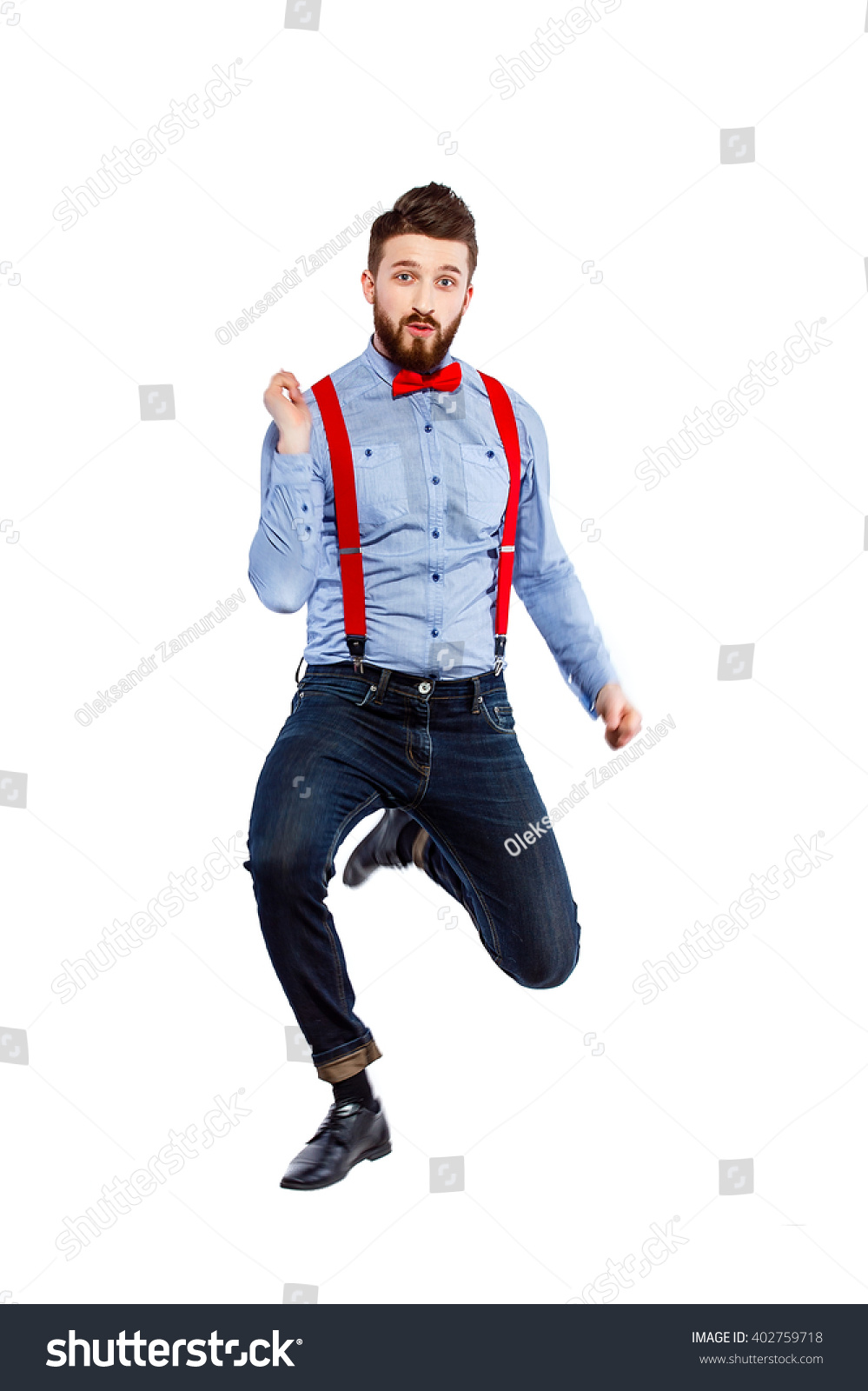 blue shirt red bow tie