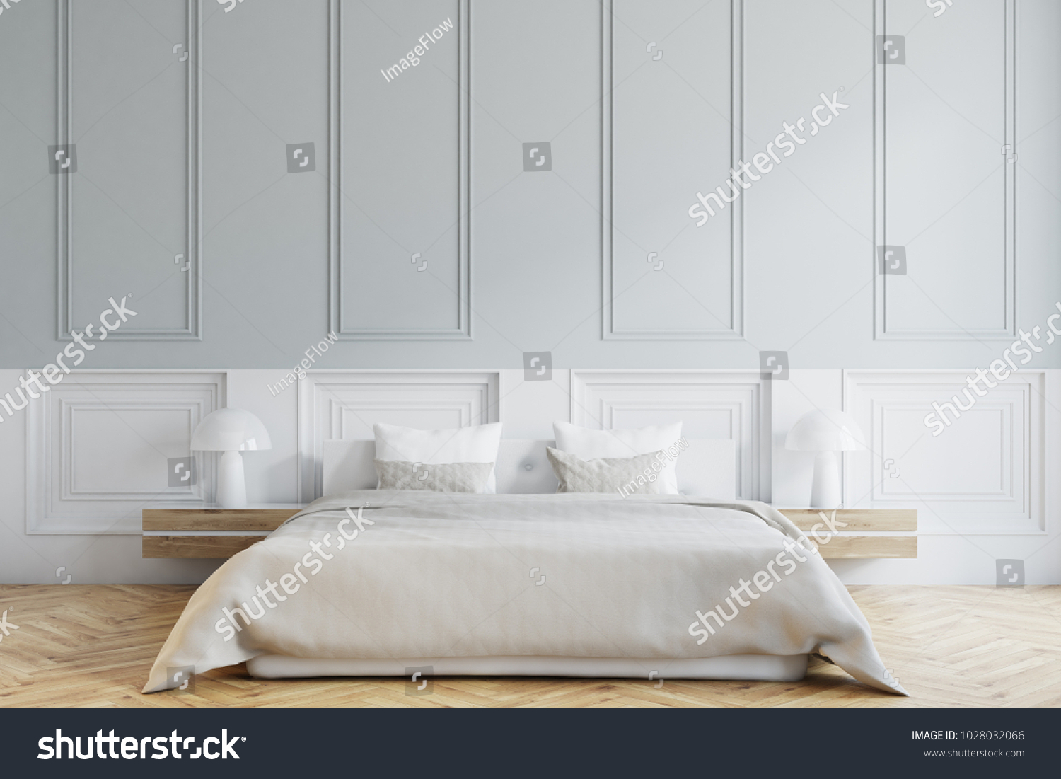 Stylish Master Bedroom Interior Gray White Stock