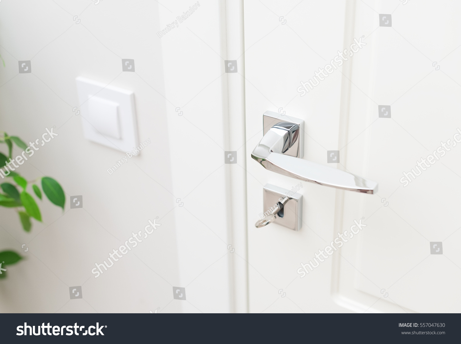 Stylish metal door handle and escutcheon for lock with key. Close-up elements of