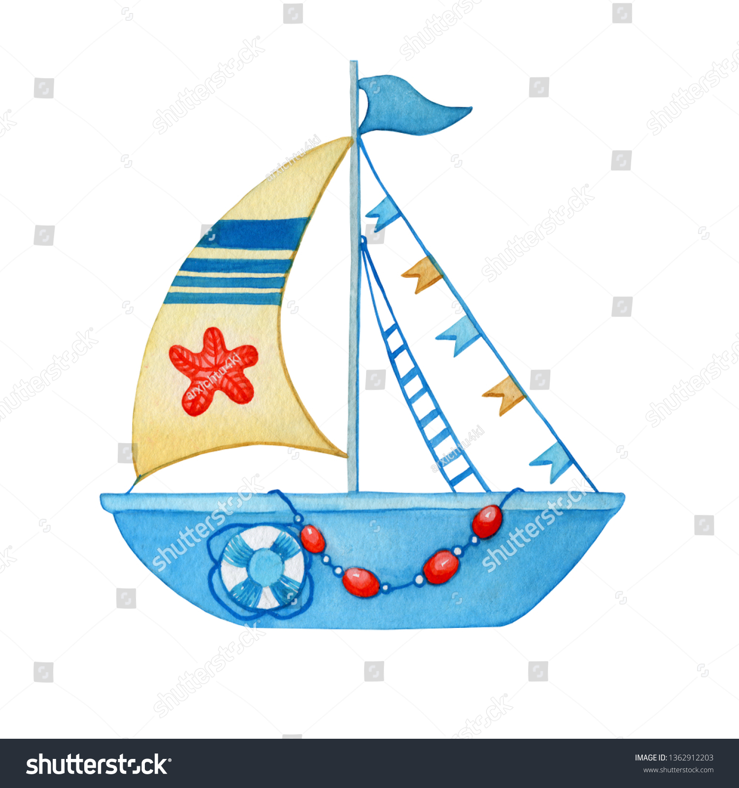 Stylized Children Blue Boat Yellow Sail Stock Illustration 1362912203