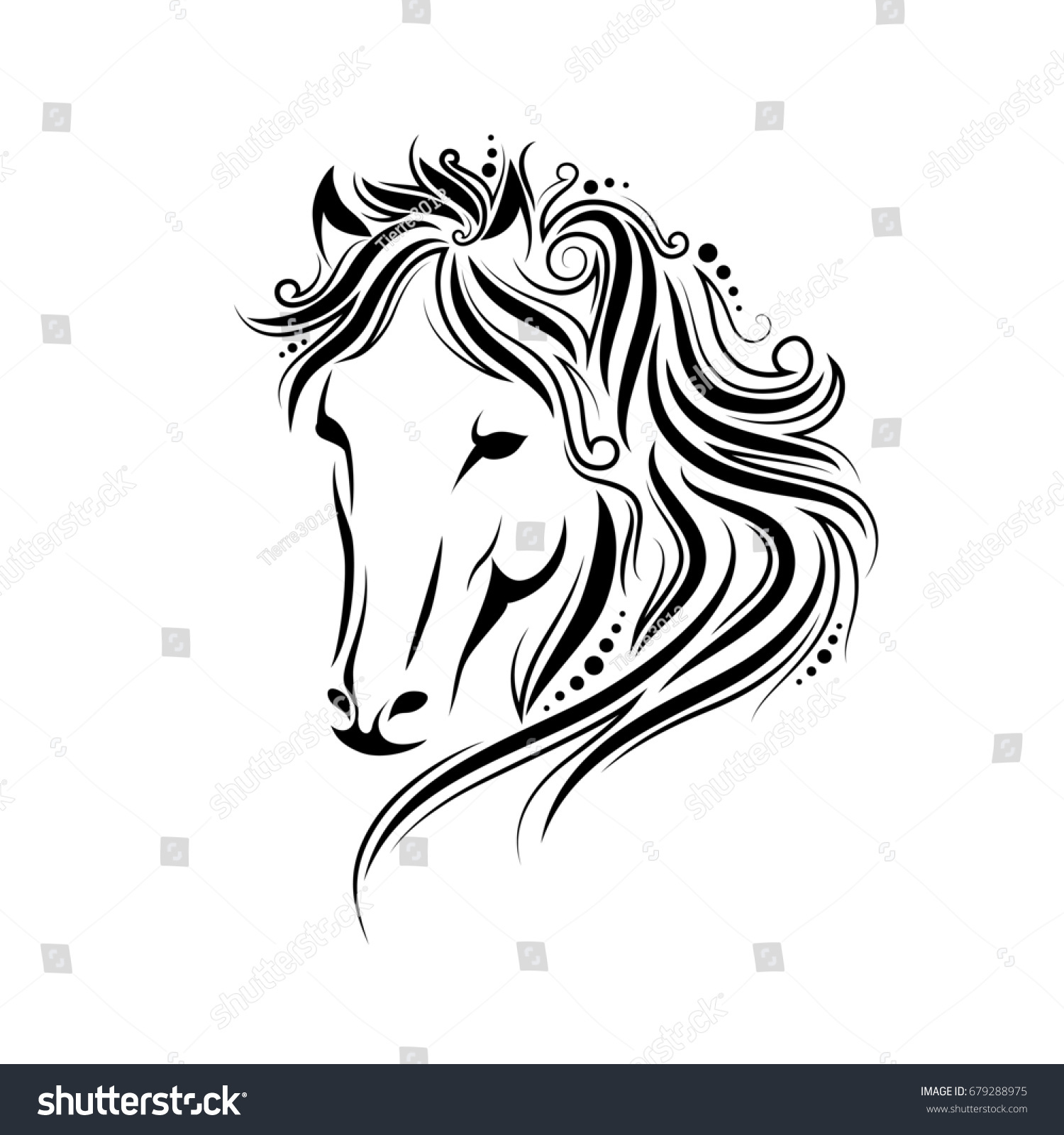 Stylized Doodle Curls Horse Portrait Ink Stock Illustration