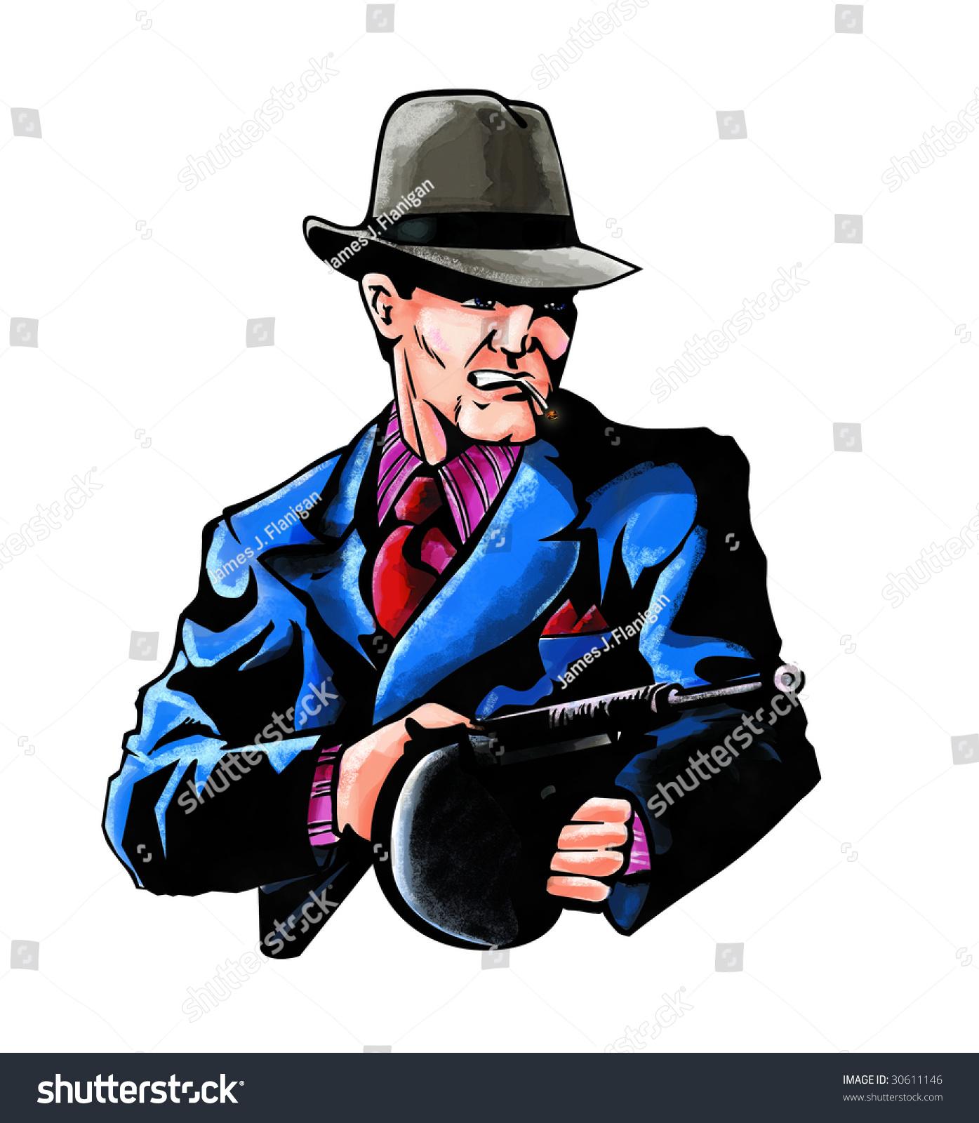 Stylized Painting Of Mobster With Gun Isolated On White Background ...